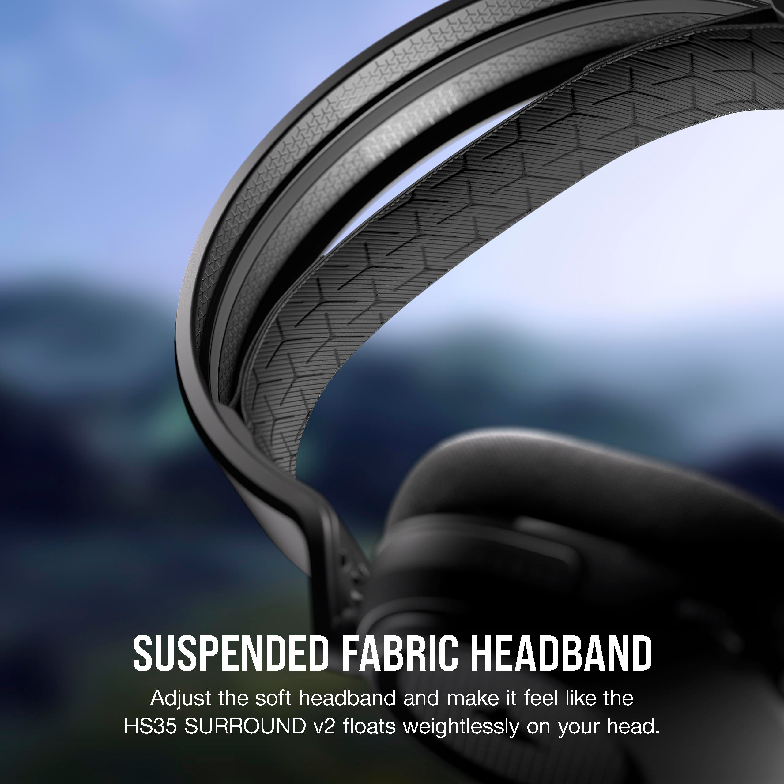 Nahaufnahme eines schwarzen Headset-Kopfbands mit unscharfem Hintergrund.