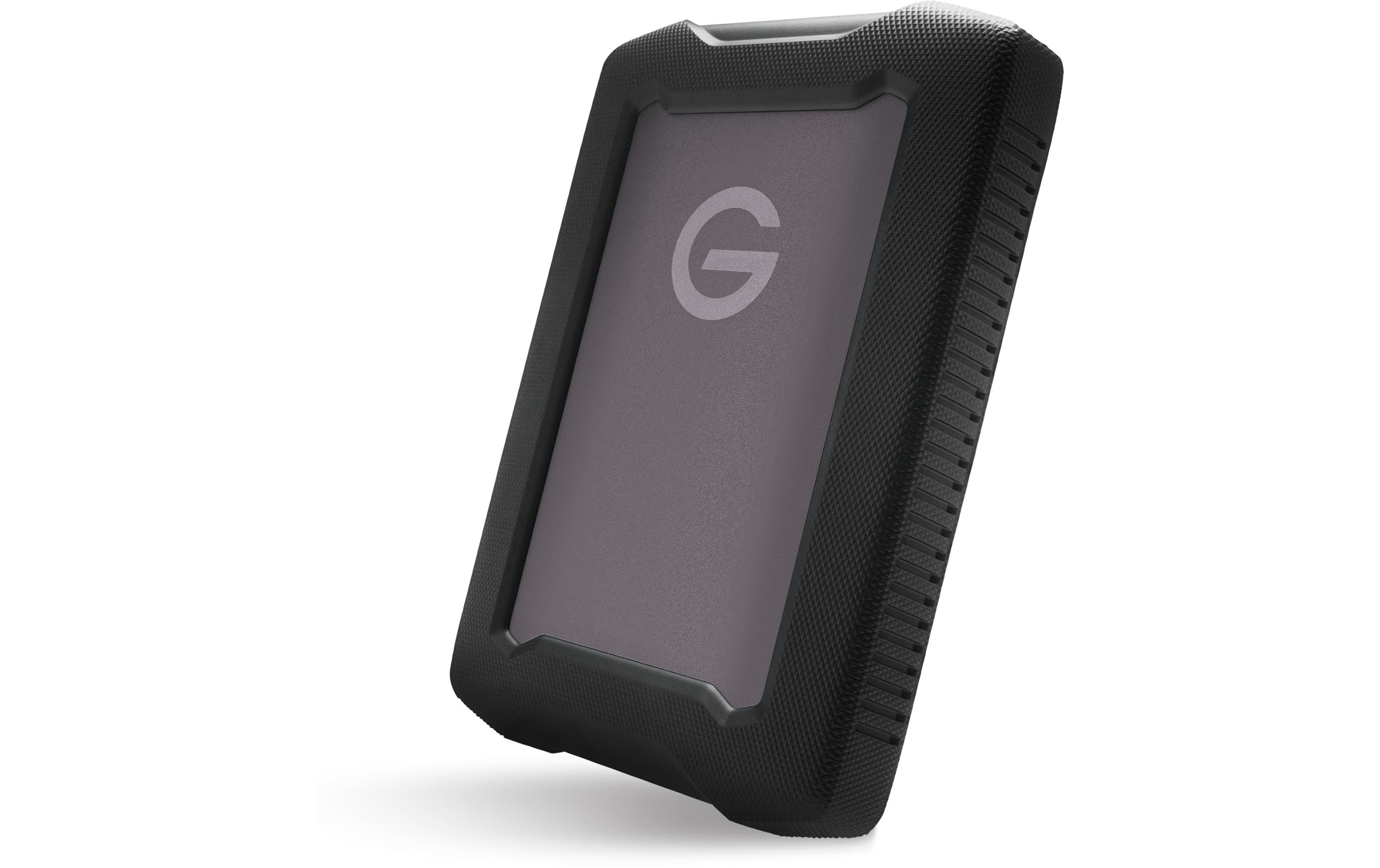 Hard disk esterno nero robusto con centro grigio e la lettera G.