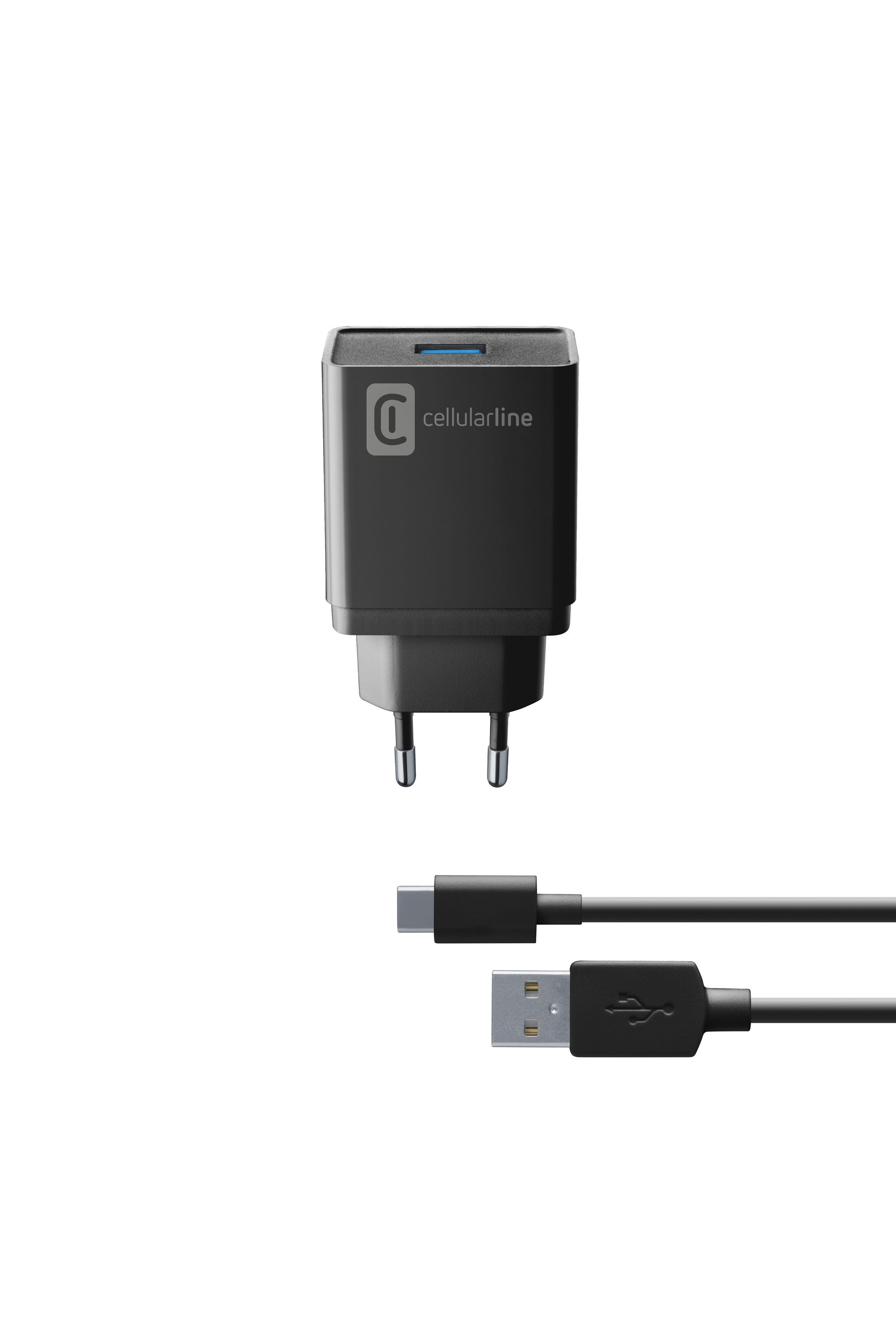 Bir USB-C kablosu ve bir USB-A kablosu ile birlikte siyah bir cellularline şarj cihazı.