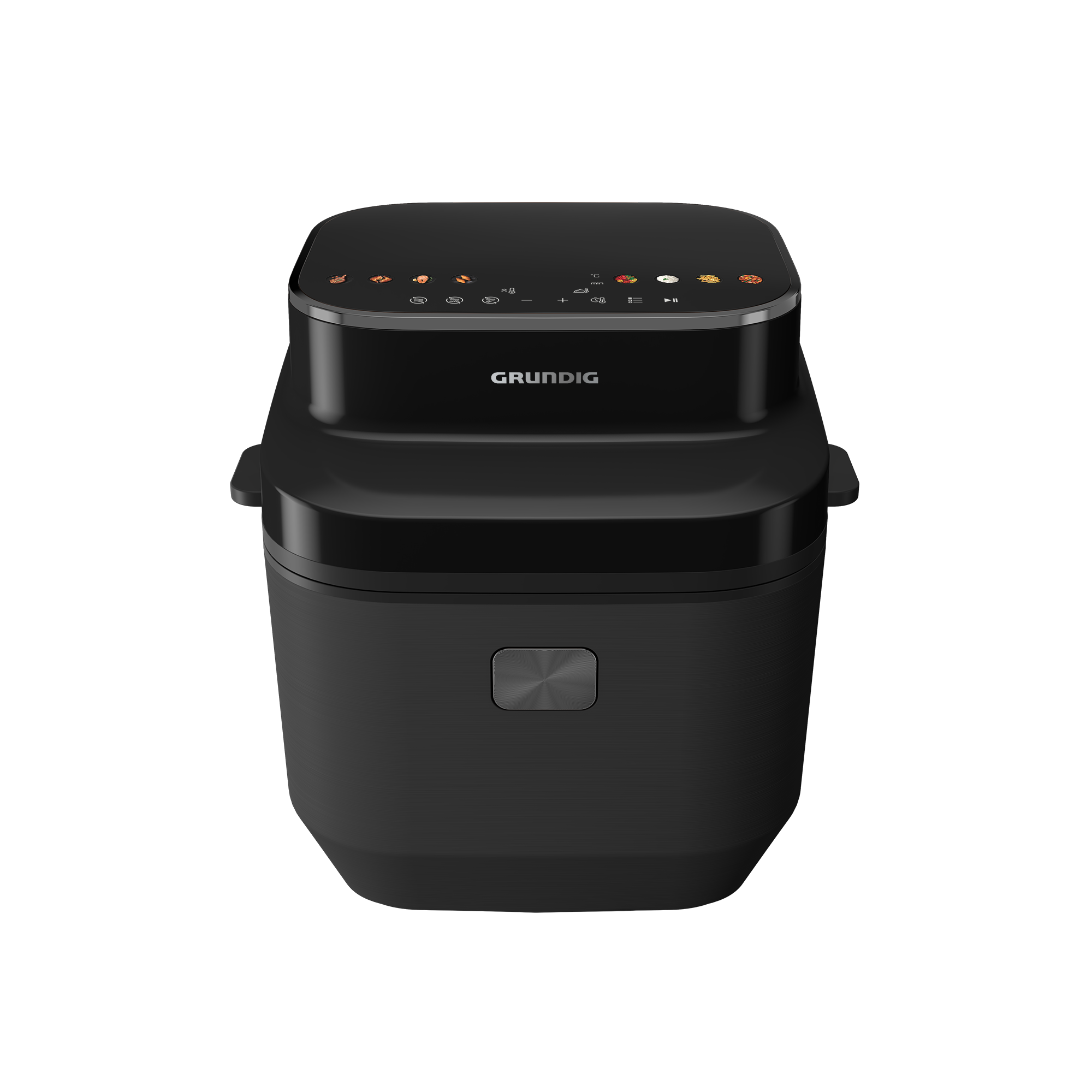 Siyah arka planda siyah Grundig airfryer.