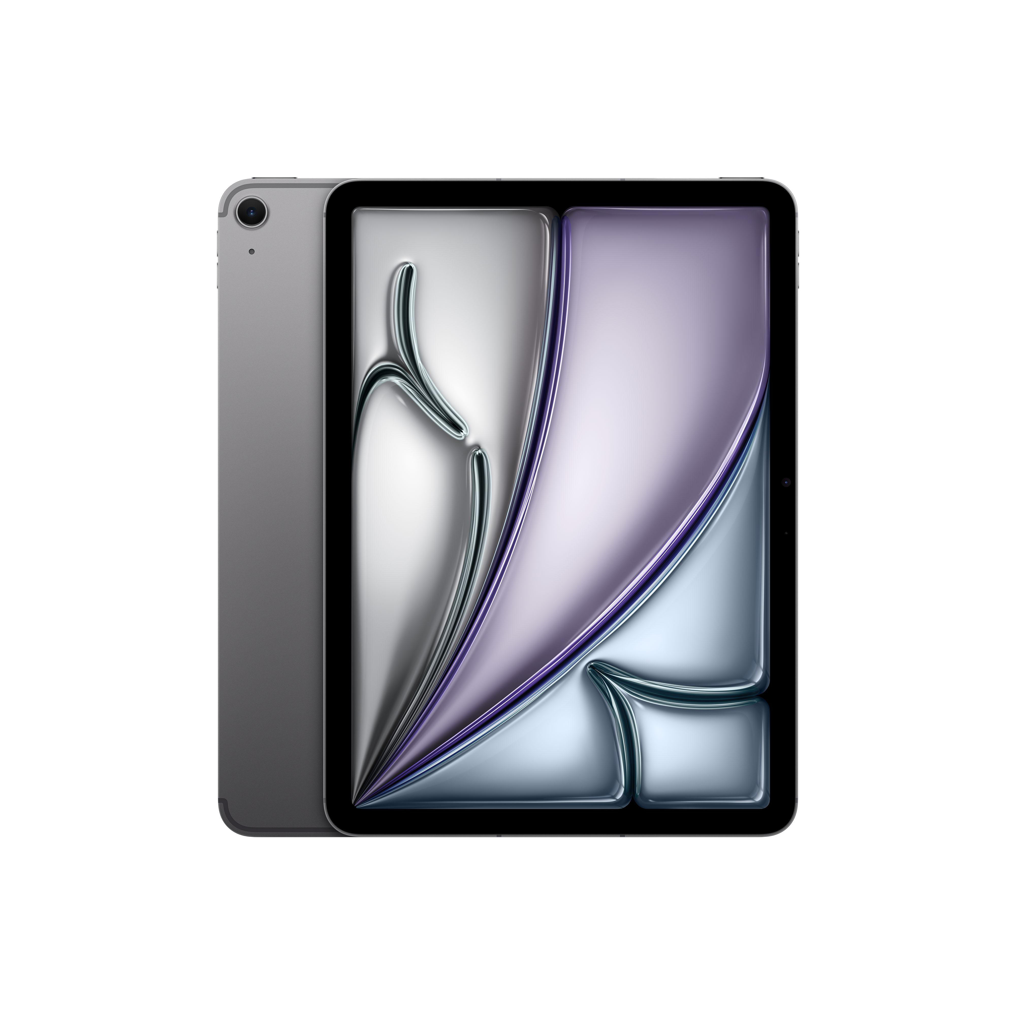 Ein silbernes Tablet wird angezeigt. Sein Bildschirm zeigt abstrakte Formen in Silber, Lila und Blau vor weißem Hintergrund.
