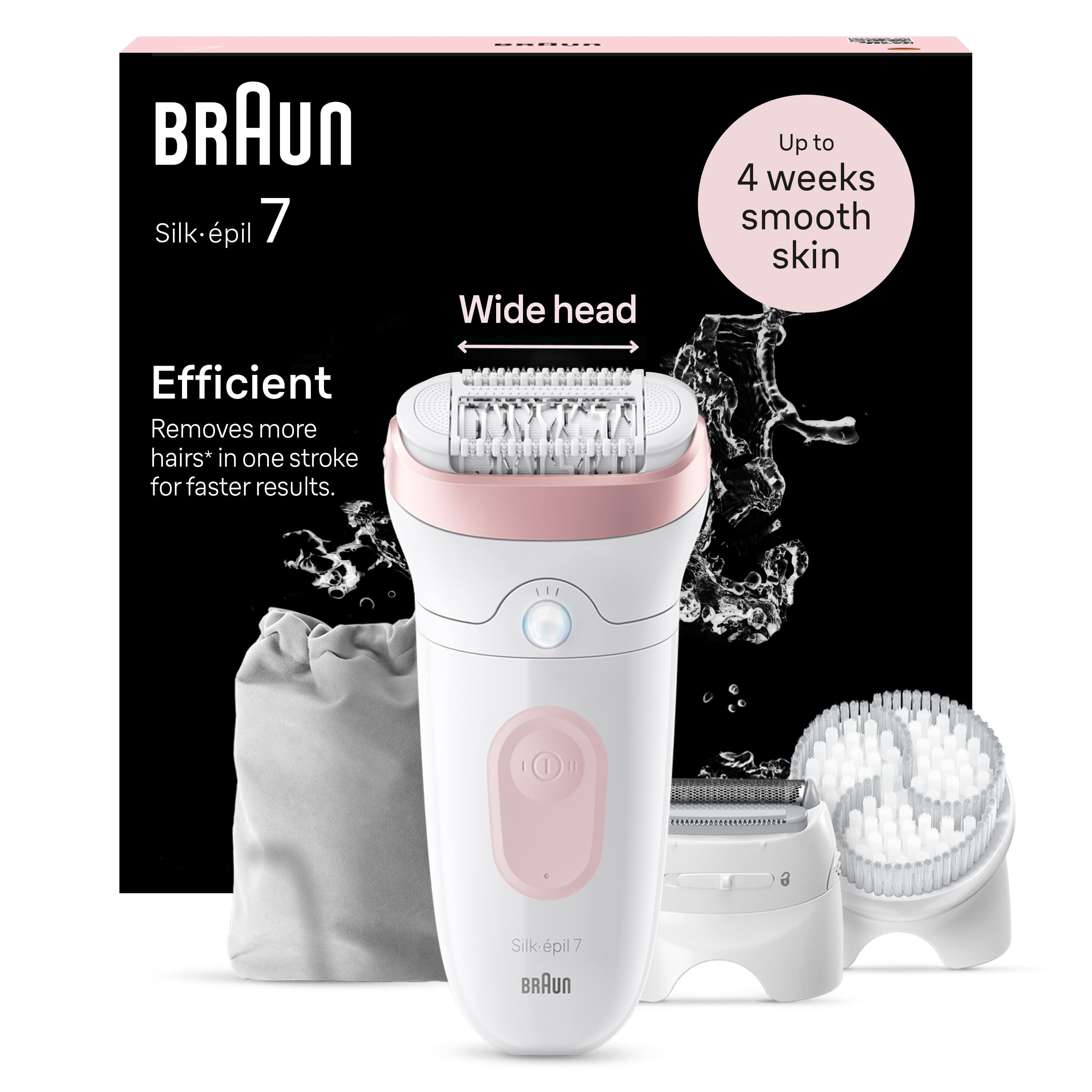 Siyah bir arka plan üzerinde aksesuarlı bir Braun Silk-épil 7 epilatör.