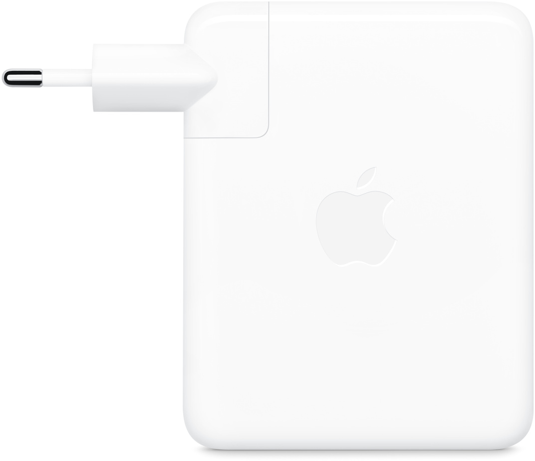 Weißes Apple-Ladegerät mit Stecker links und Apple-Logo rechts.
