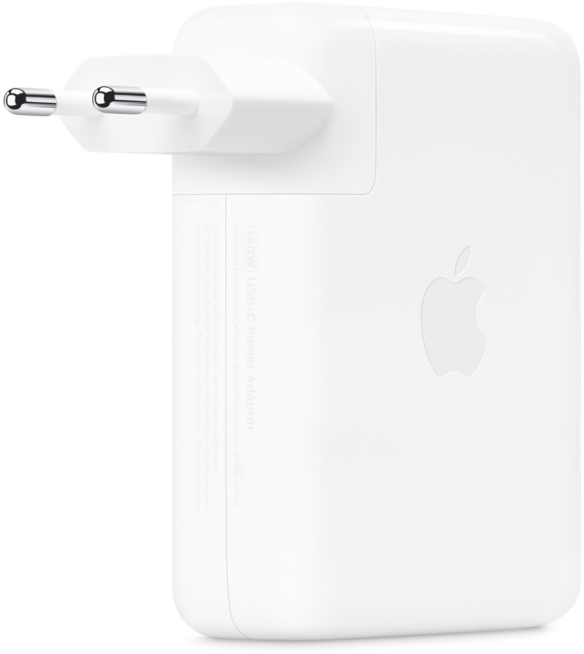Weißes Apple-Ladegerät mit US-Stecker.