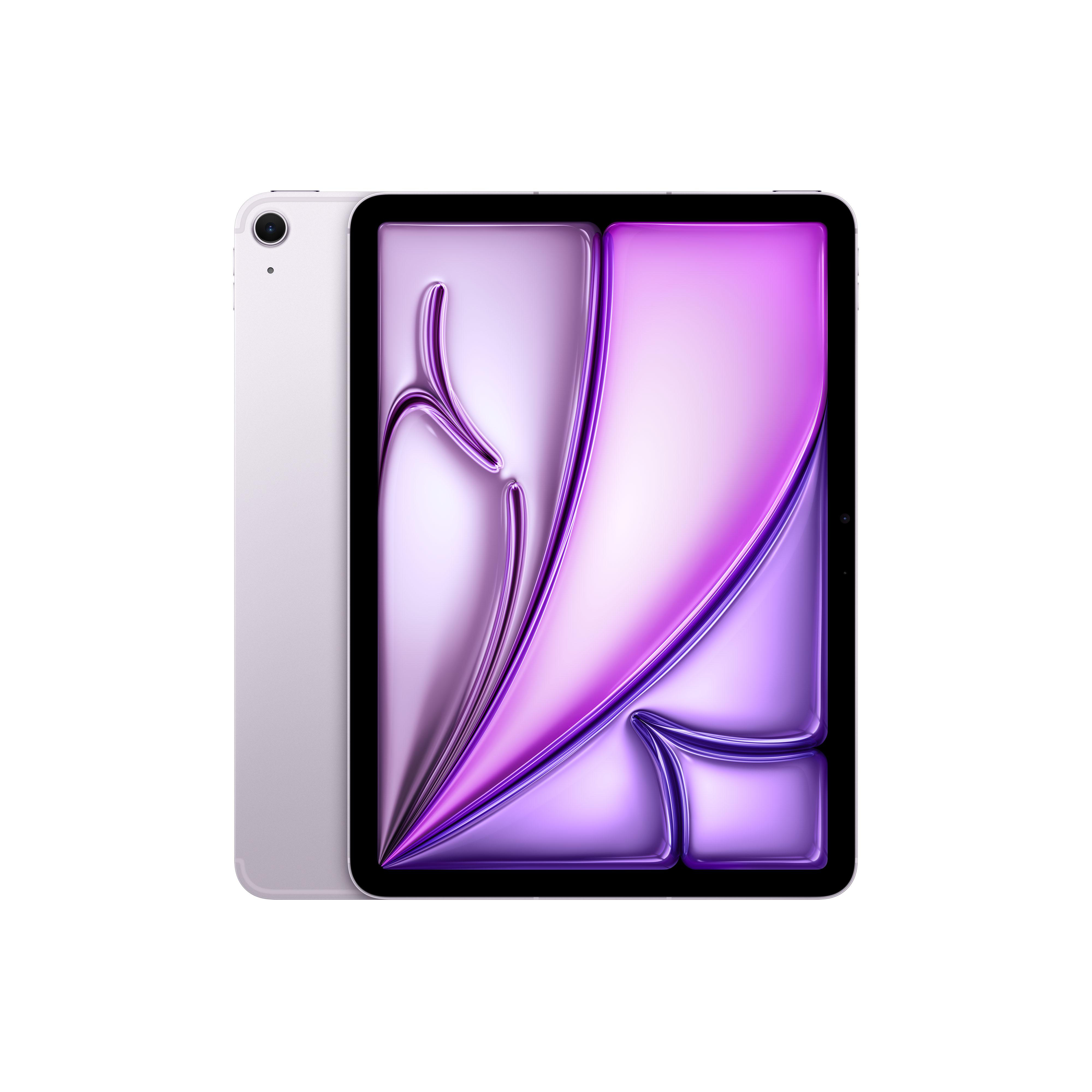 Ein hellviolettes Tablet mit schwarzem Rahmen. Der Bildschirm zeigt ein lila-magenta Design auf weißem Grund.