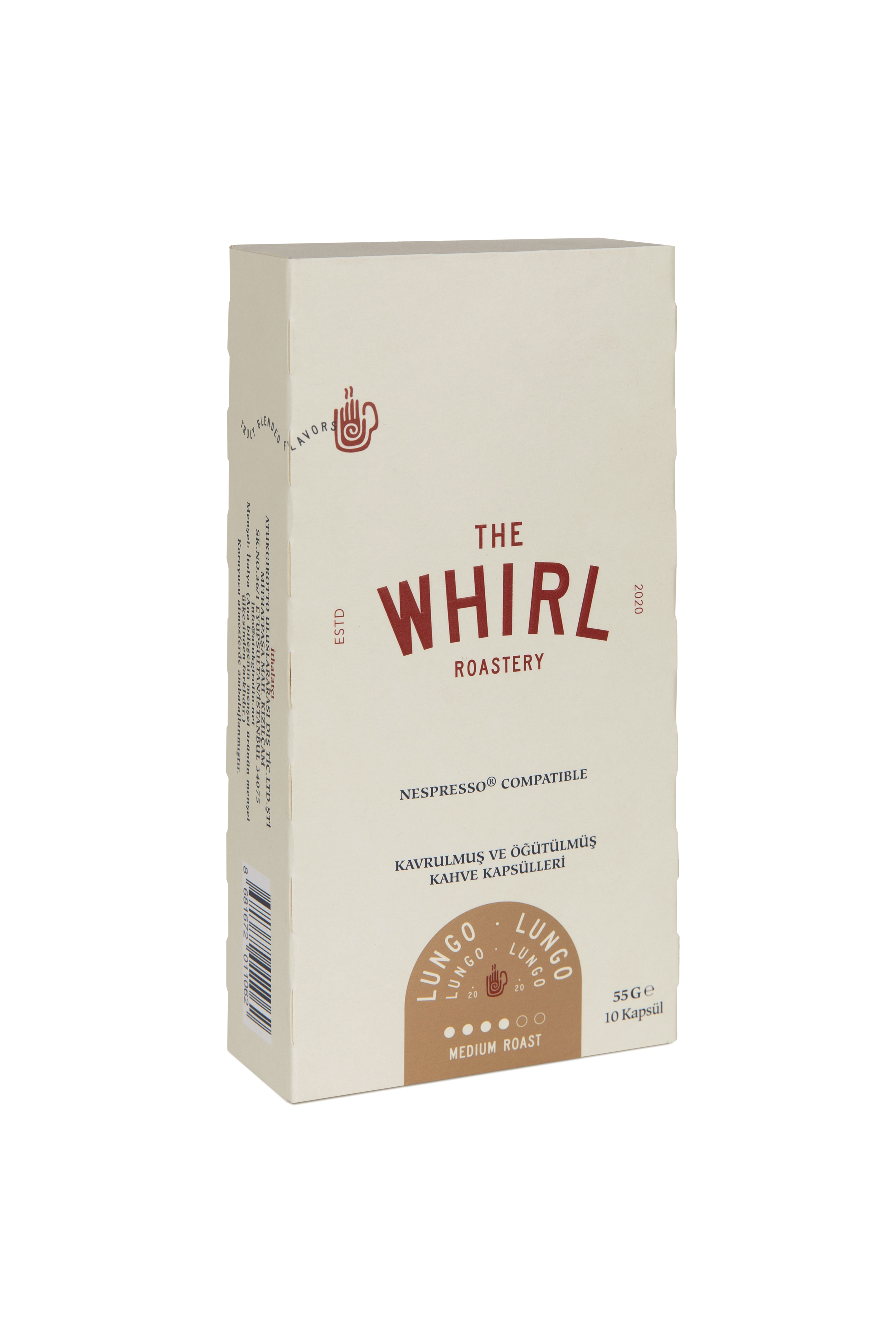 The Whirl Roastery kahve kapsülleri kutusu. Diyor ki: Lungo, Orta Kavrulmuş, 10 kapsül.