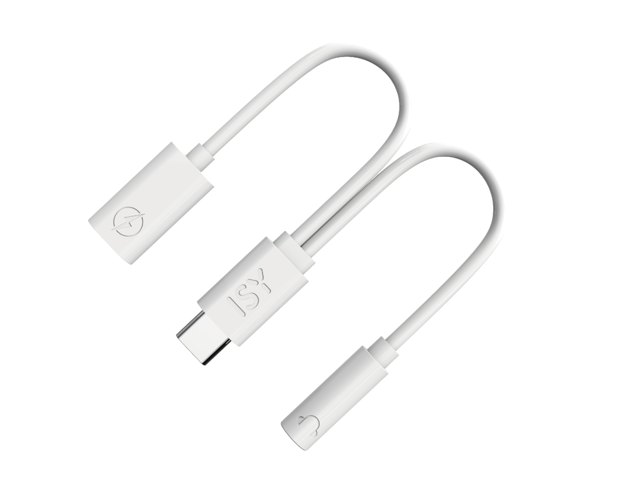 Zwei weiße USB-C-zu-Audio-Adapter auf schwarzem Untergrund. Das ISY-Logo ist sichtbar.