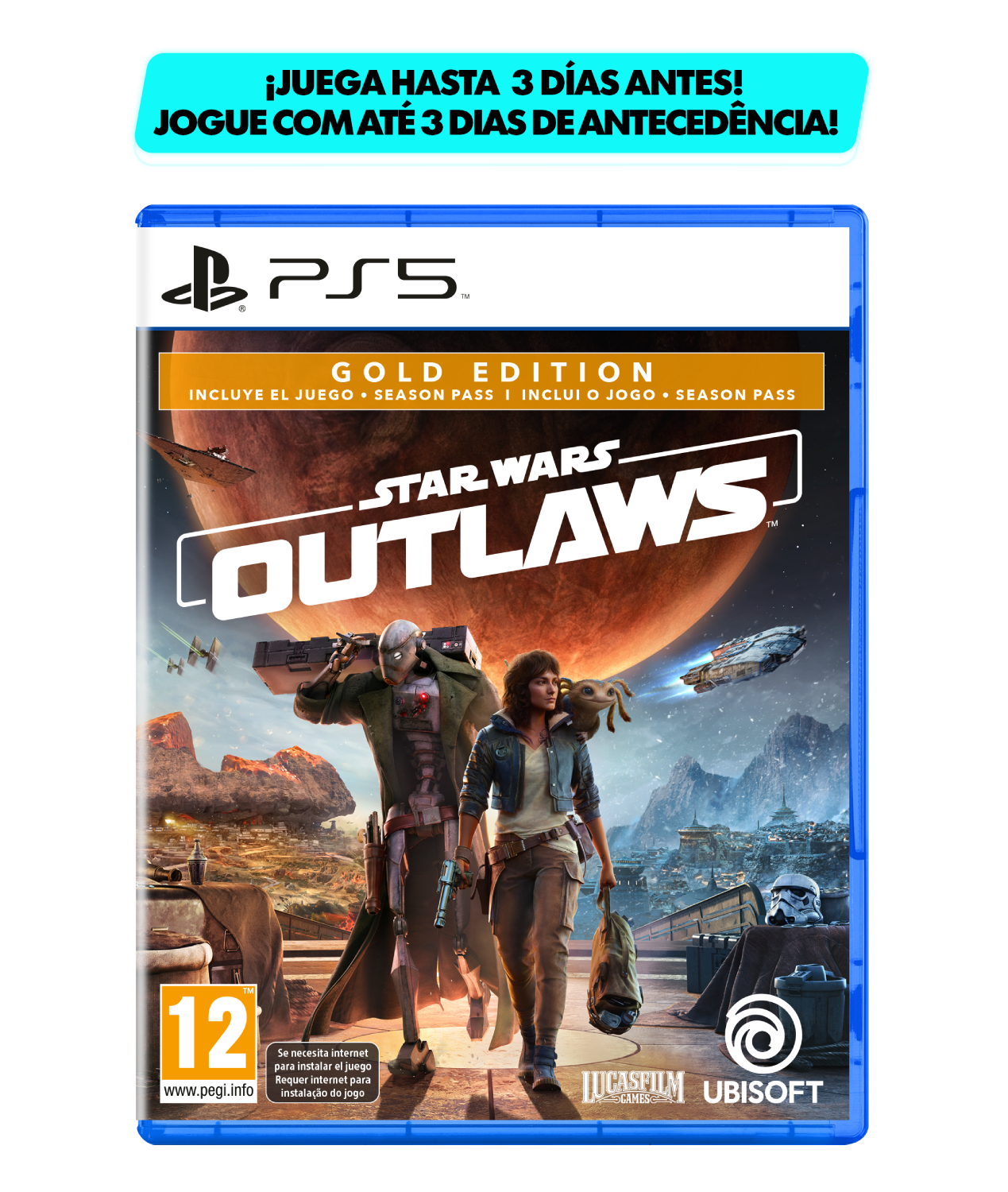 Carátula del juego Star Wars Outlaws con personajes, una escena desértica y logos del juego.