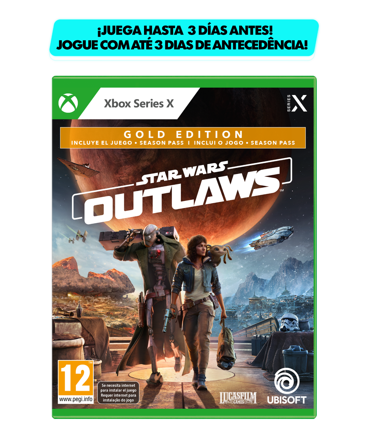 Caja del juego Star Wars. Dos personajes al frente, texto blanco, fondo negro.