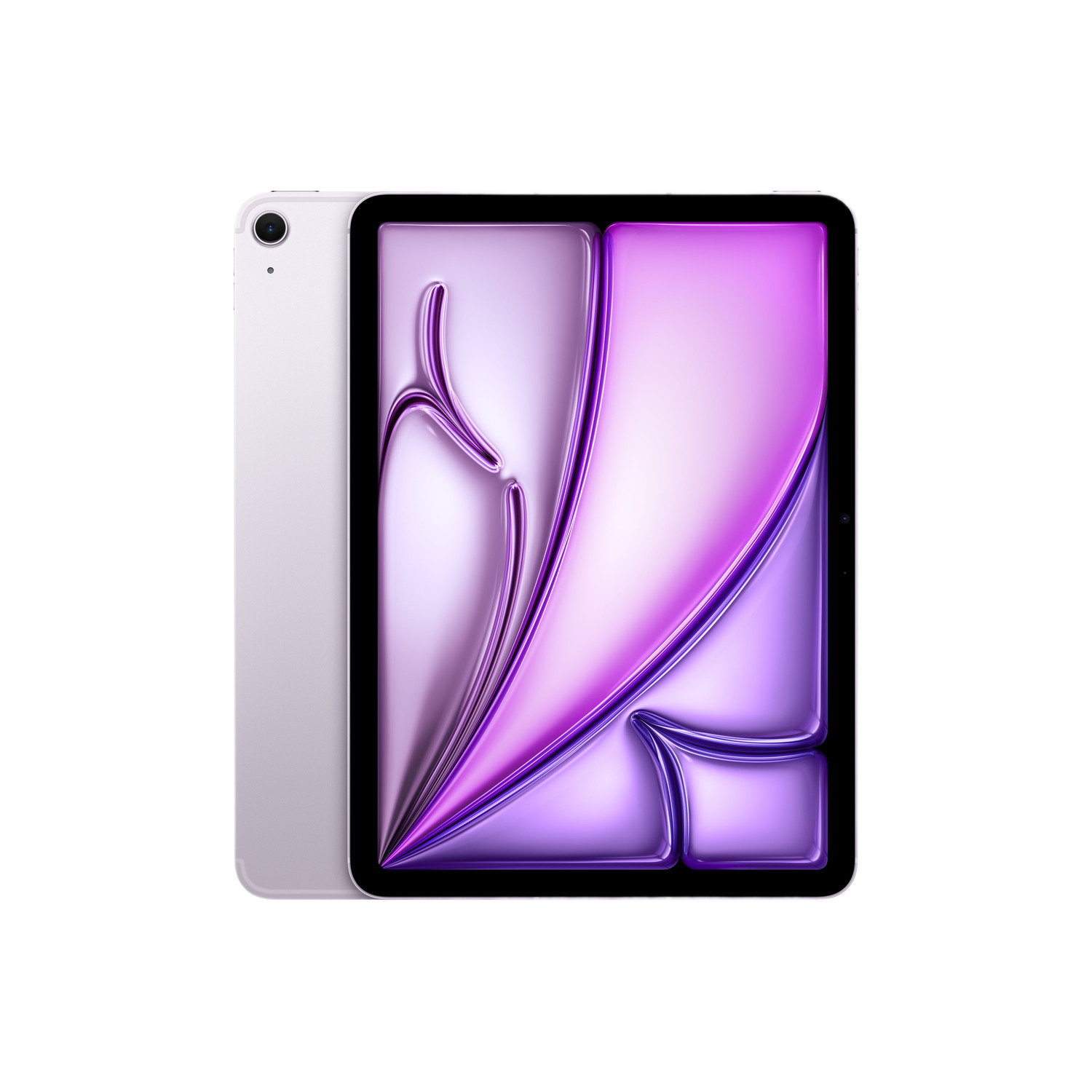 Un iPad avec un écran violet et un dos gris clair. L'écran présente des lignes abstraites. Le fond est noir.