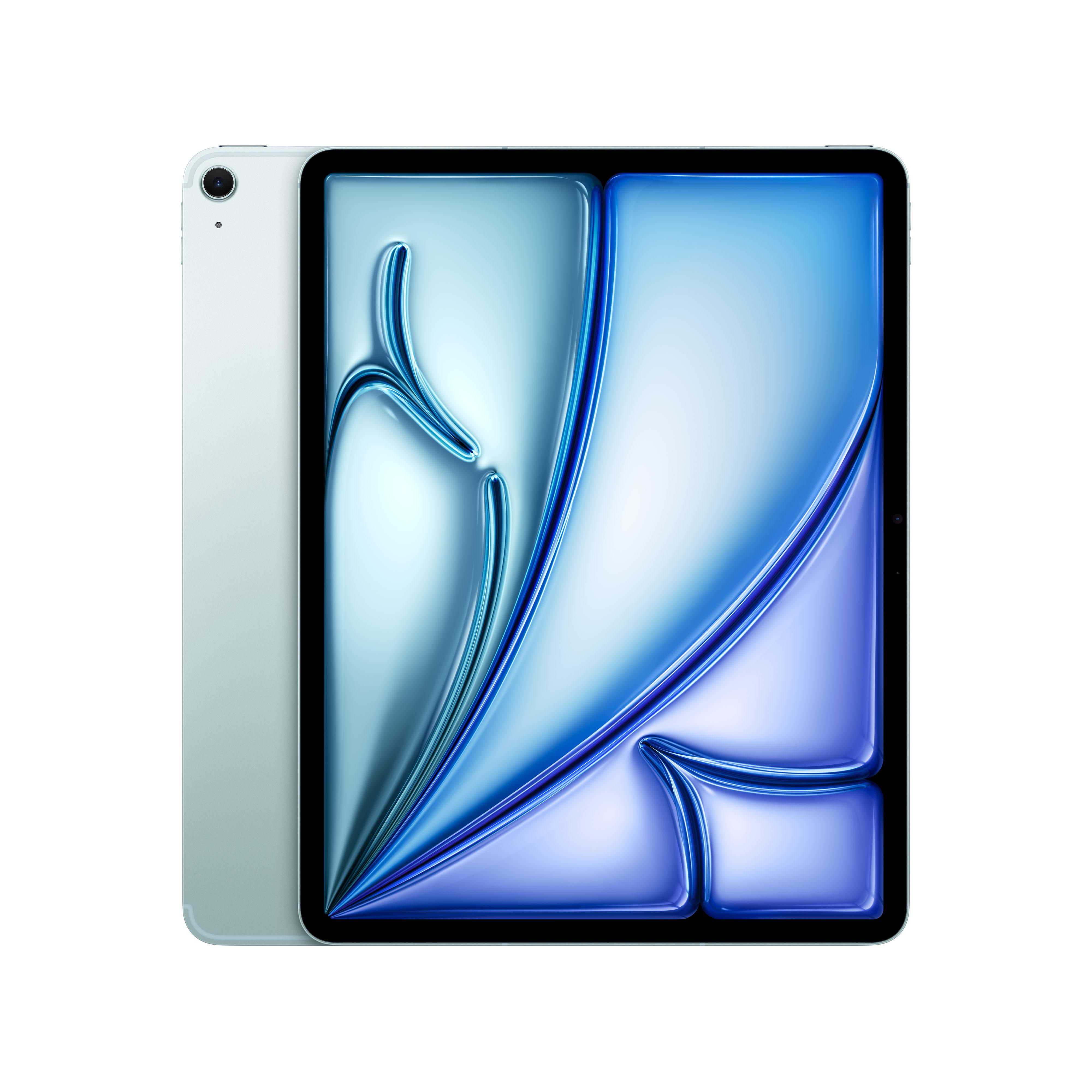 Ein türkisblaues iPad mit einem Bildschirm, der ein blaues und türkisfarbenes abstraktes Design zeigt. Die Seite ist sichtbar.