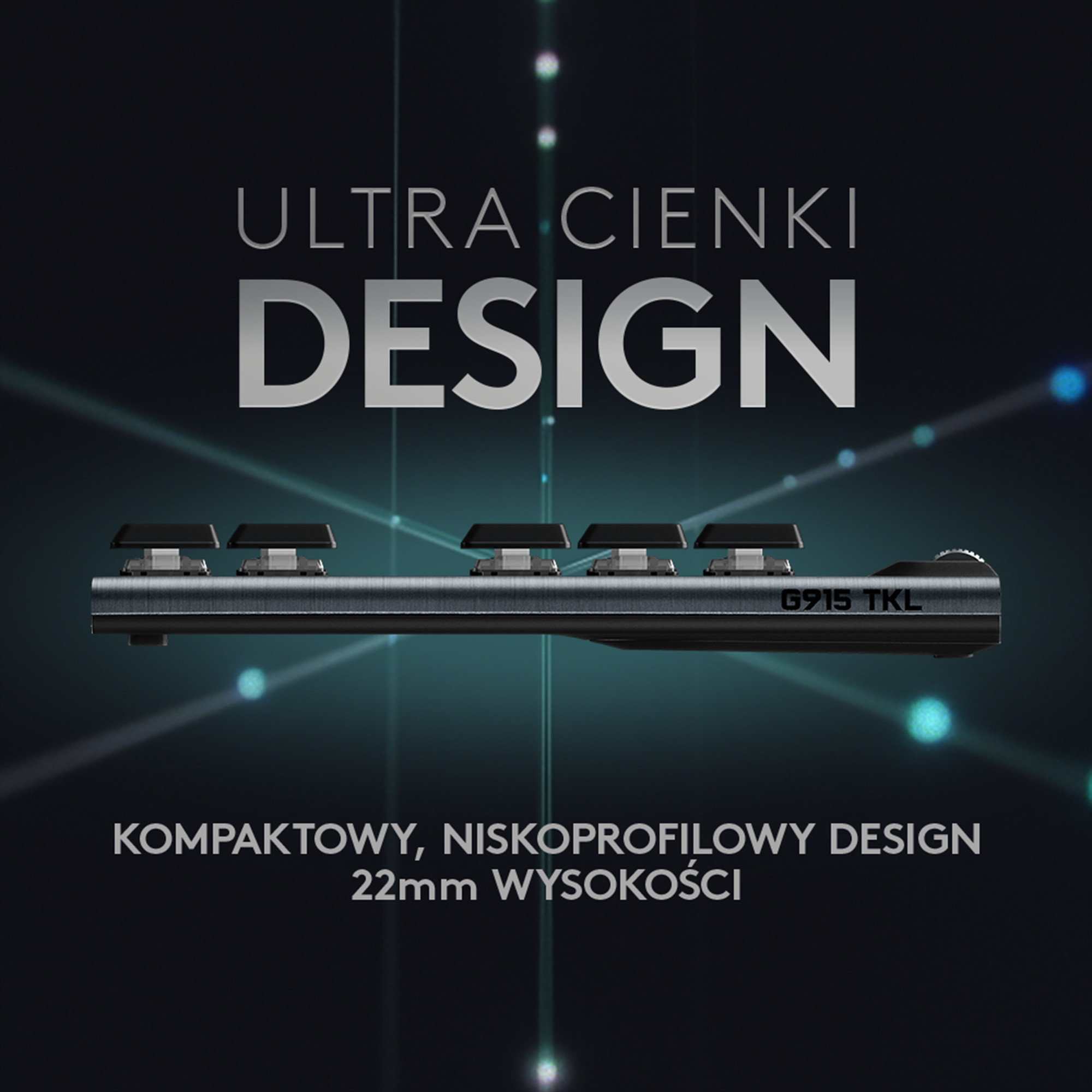 Pokazano czarną klawiaturę z czarnymi klawiszami. Tekst brzmi: 'Ultra Thin Design' i 'G915 TKL'.