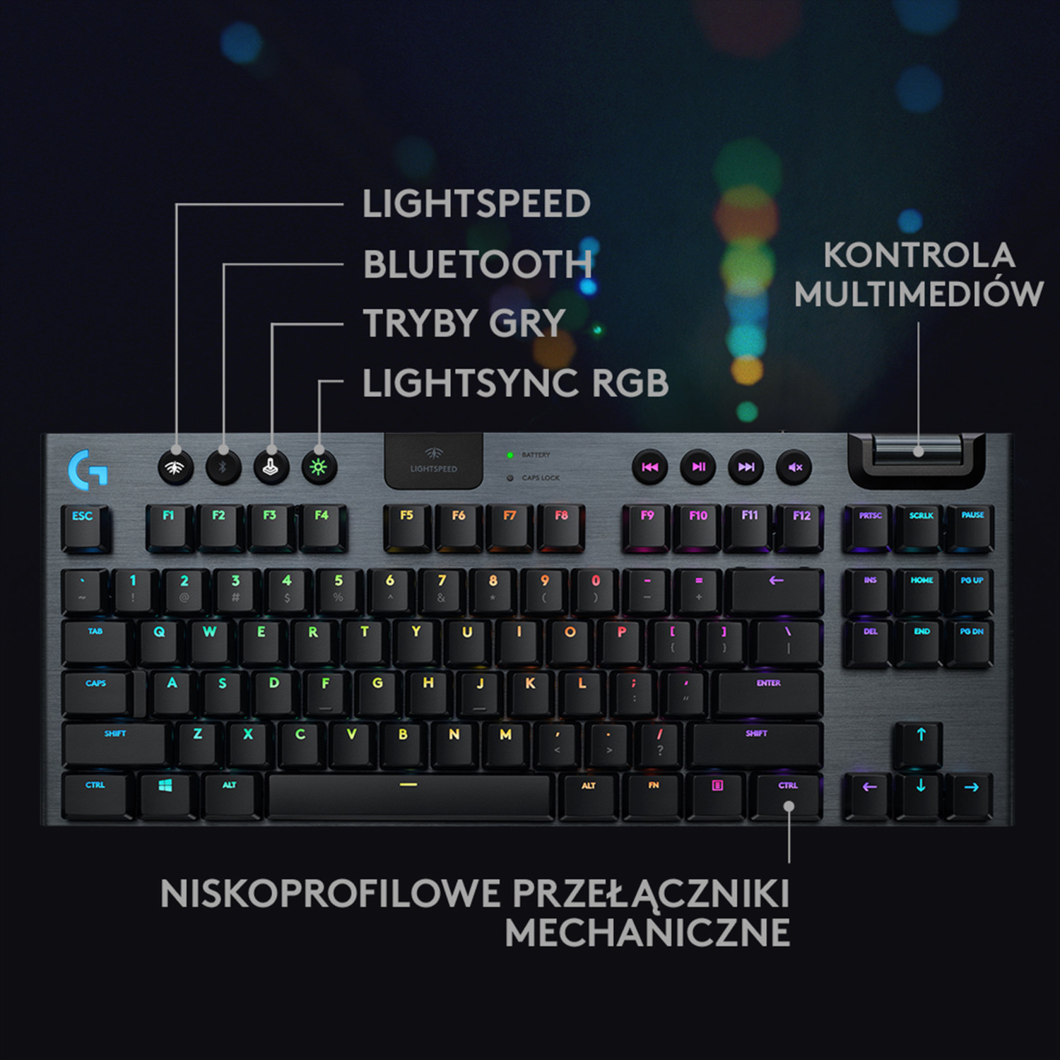 Klawiatura z klawiszami Lightspeed, Bluetooth i Lightsync RGB.