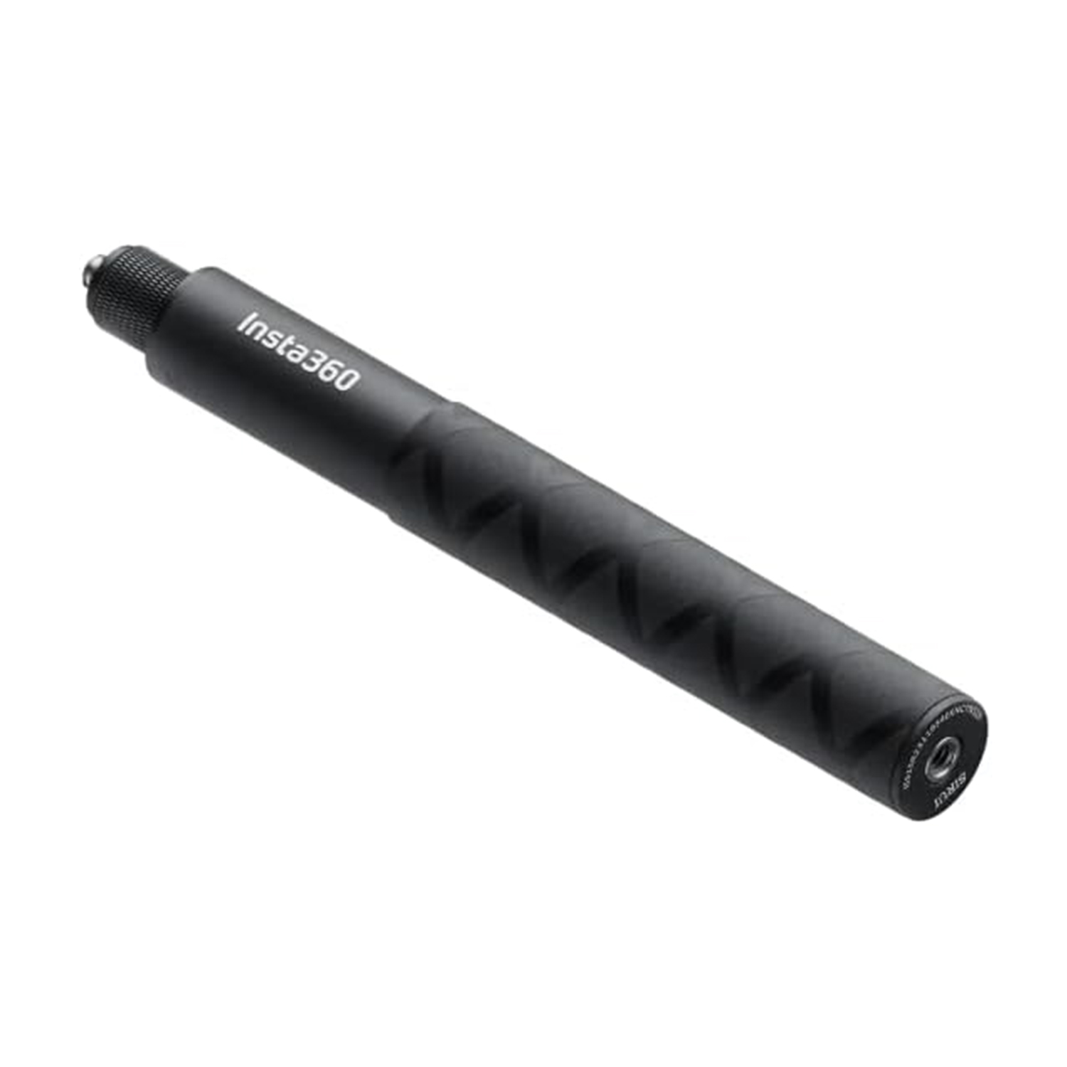 Stick Insta360 nero, angolato, con impugnatura nera e logo Insta360.