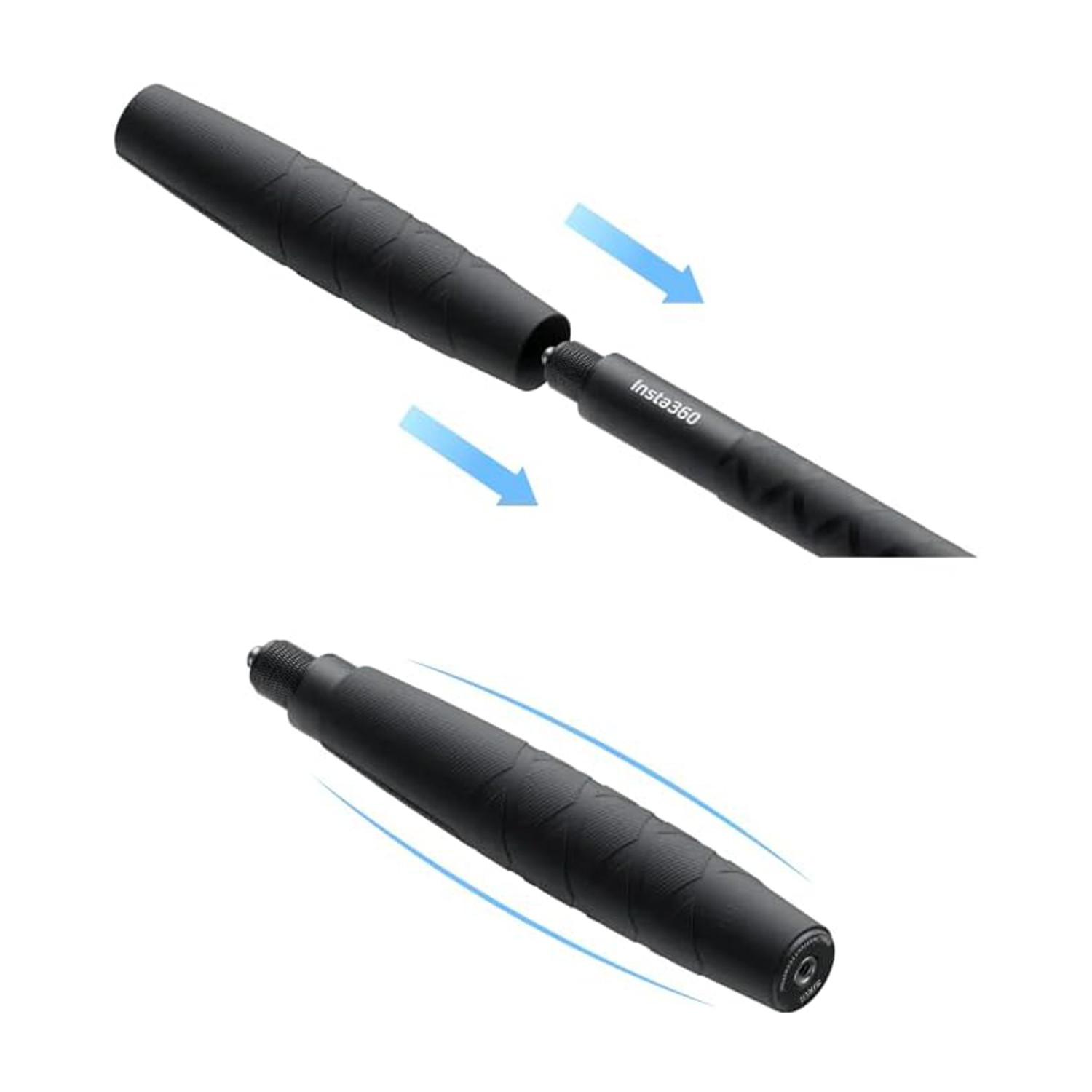 Due parti di un bastone Insta360 nero vengono collegate.