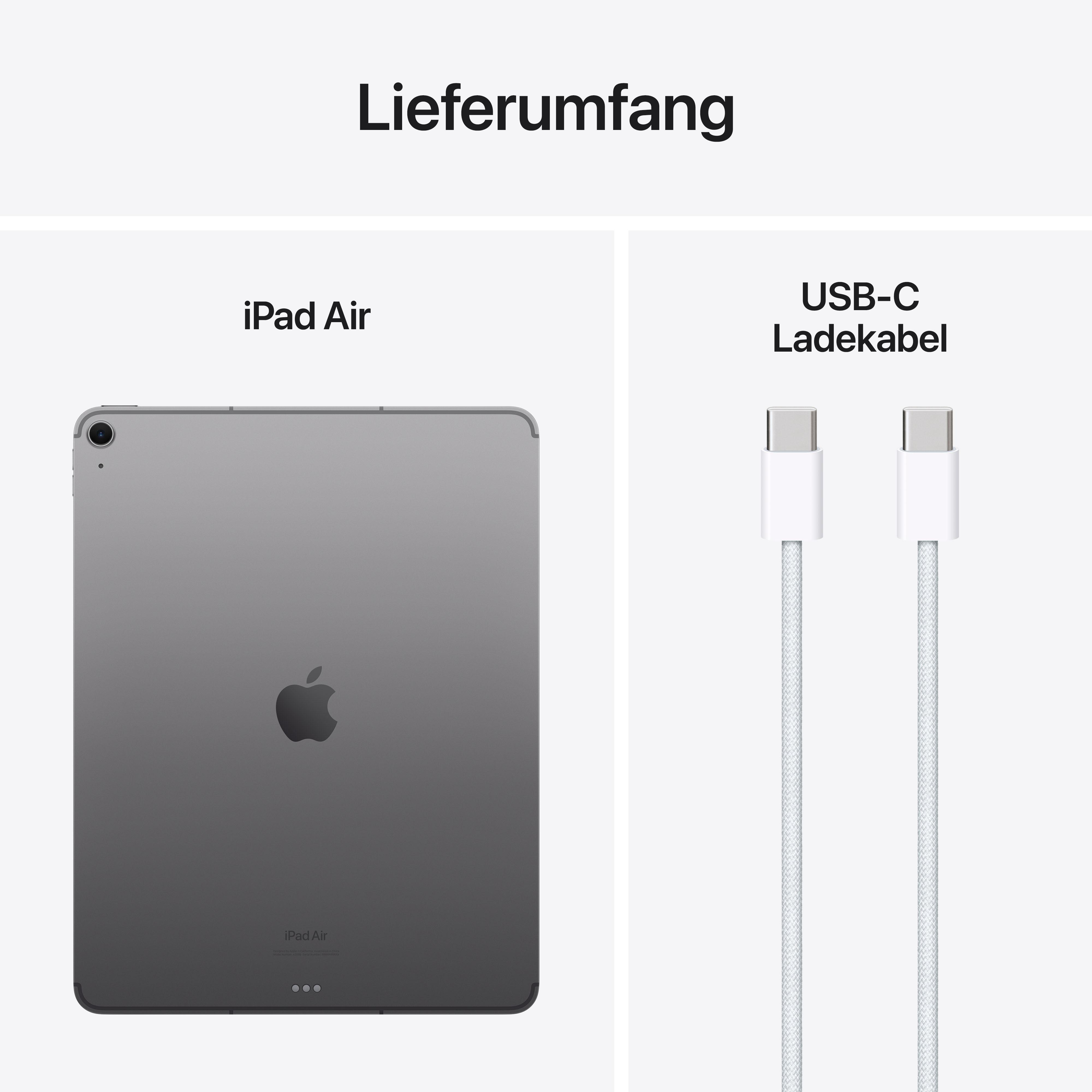 iPad Air und ein USB-C-Ladekabel auf weißem Hintergrund. Text: Lieferumfang.