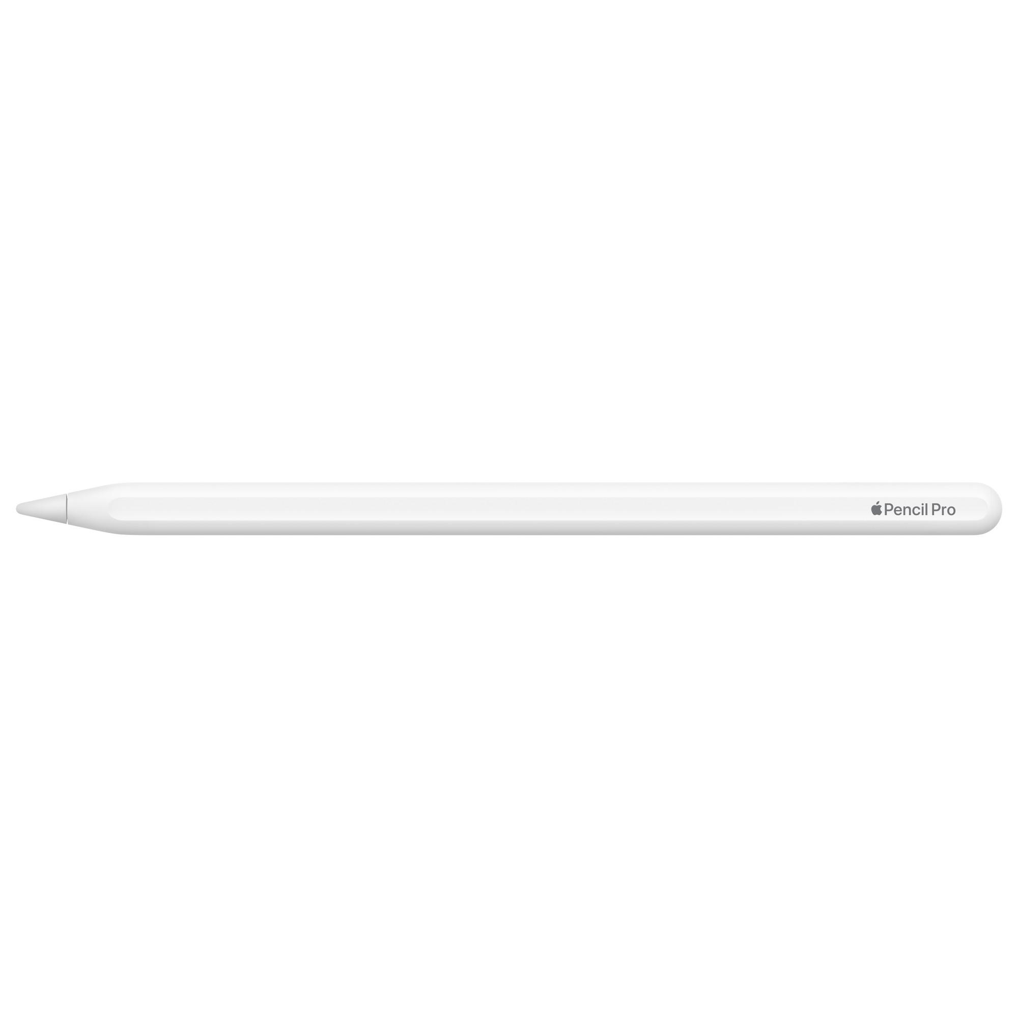 Ein weißer Apple Pencil Pro in vertikaler Position vor weißem Hintergrund.