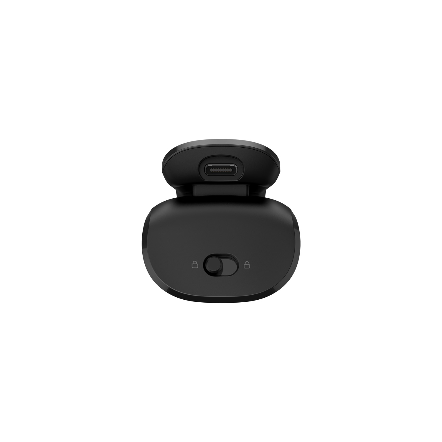 USB-C bağlantı noktası ve bir anahtar bulunan siyah bir cihaz, muhtemelen bir kamera aksesuarı.