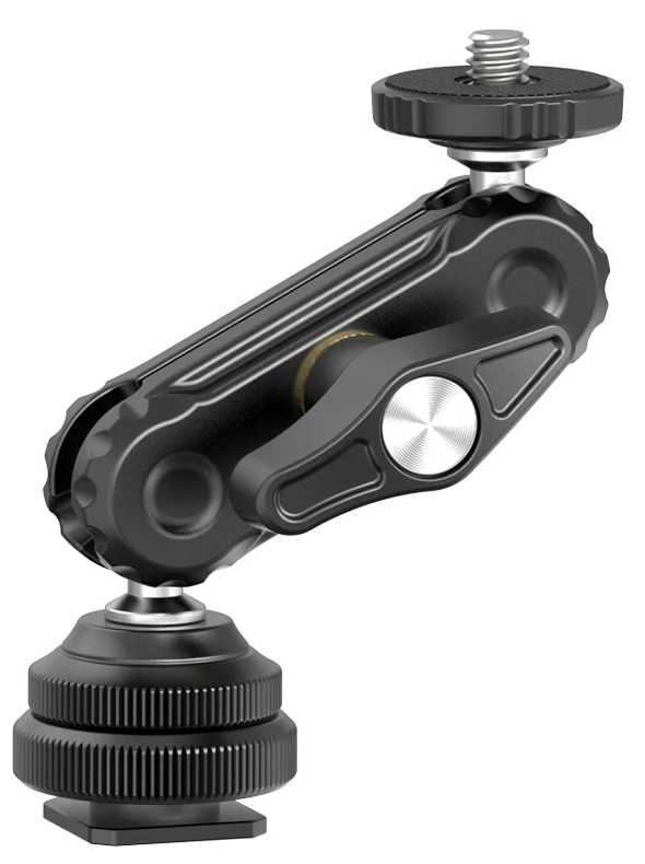 Fekete kameratartozék állítható karokkal és kör alakú alappal, fehér háttér előtt.