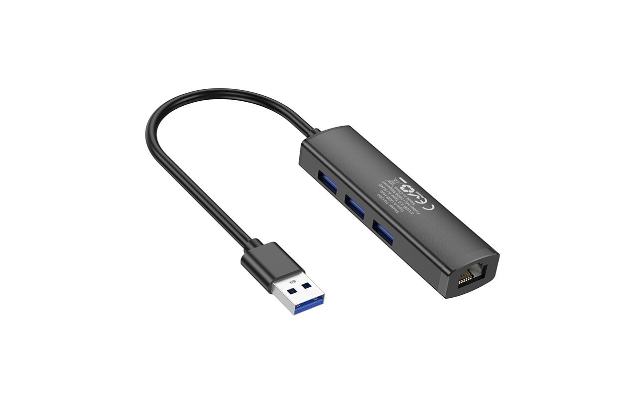 Hub USB nero con quattro porte USB e connettore USB. Cavo nero.