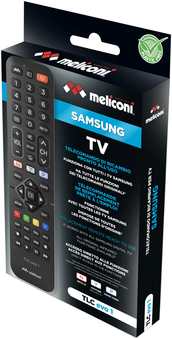 Egy fekete-kék Meliconi Samsung TV távirányító doboz.