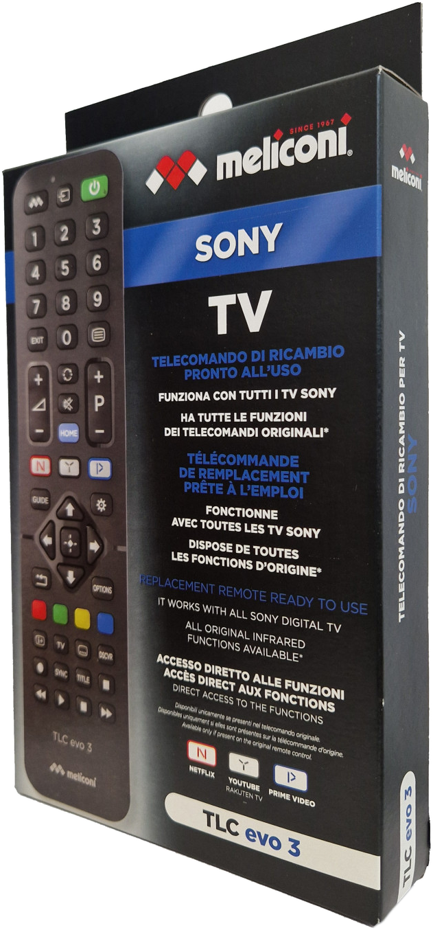 Meliconi Sony TV csere távirányító doboz. A dobozon a távirányító és a szöveg látható.