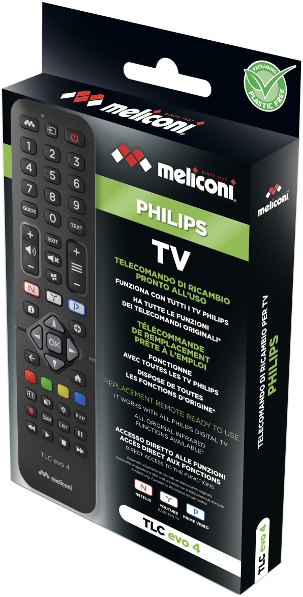 Fekete Meliconi Philips TV távirányító doboz fehér háttéren.