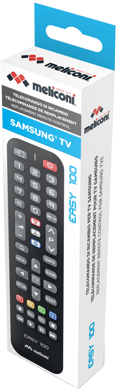 Egy téglalap alakú doboz Samsung TV távirányítóhoz. Szöveg: Meliconi. Easy 100. Csere távirányító.