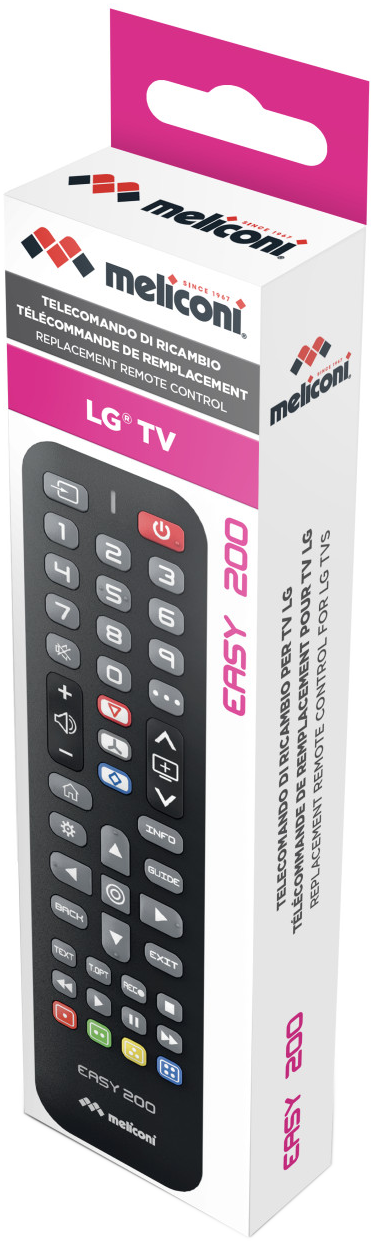 Egy fehér és rózsaszín doboz egy Meliconi LG TV távirányítóról.