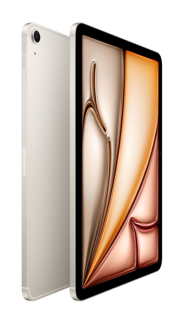 iPad Pro pokazuje żywy, abstrakcyjny wzór na ekranie na białym tle.