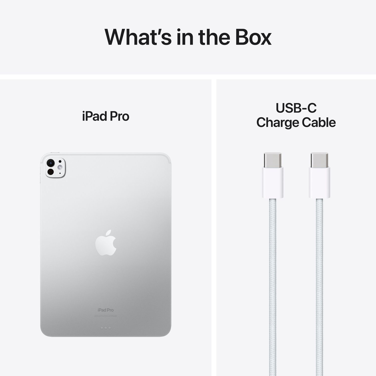 Een iPad en een USB-C-kabel worden weergegeven, met het label 'What's in the Box'.
