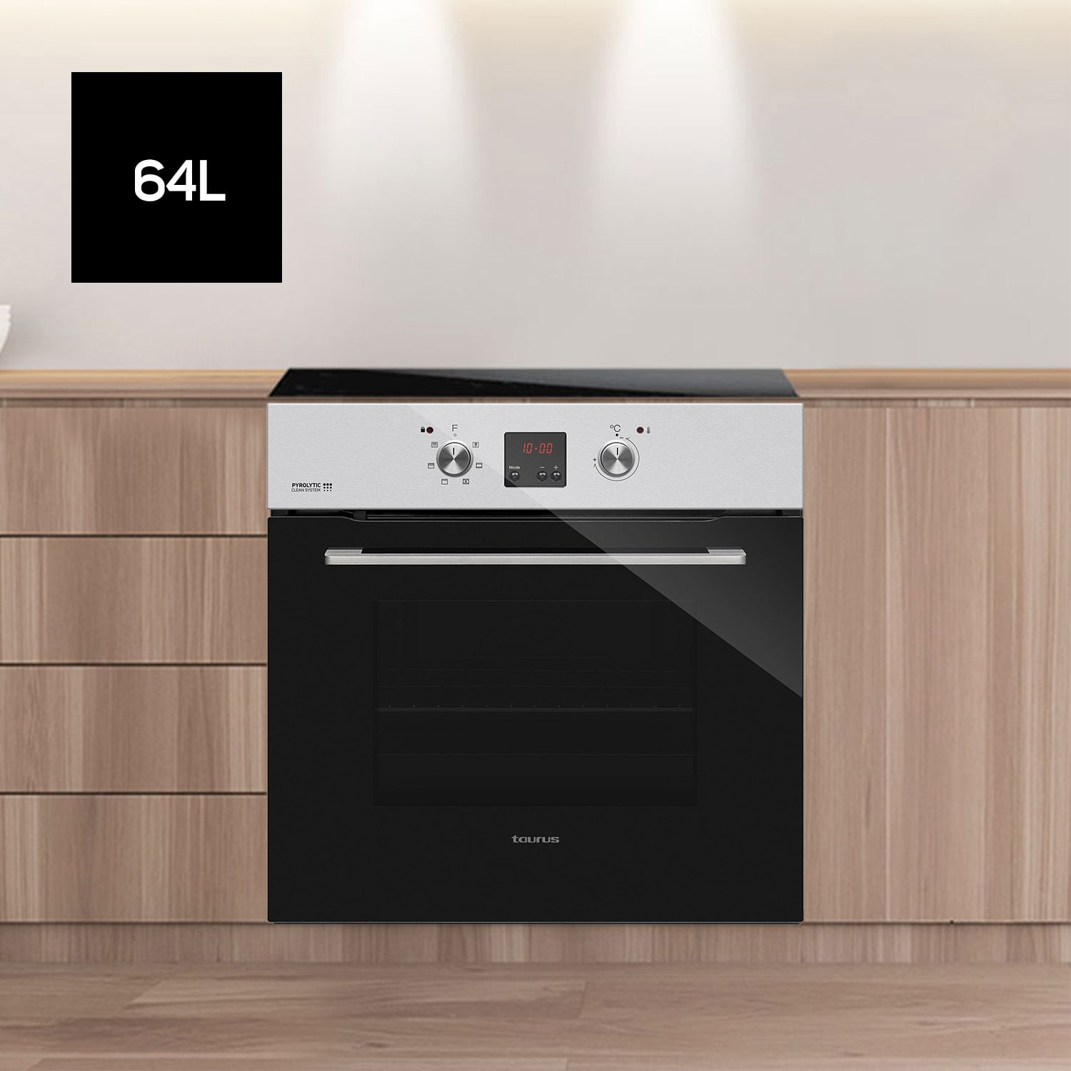 Horno - Taurus HM664IXD PYRO, 64L, 2600W, Temporizador digital, 7 Funciones, Incluye bandeja y parrilla, Hasta 270ºC, Pyrolytic Clean System, Gris