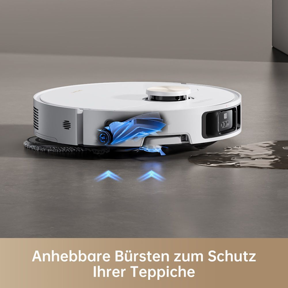 Un aspirapolvere robot bianco con due luci blu e testo: Spazzole sollevabili per proteggere i tuoi tappeti.