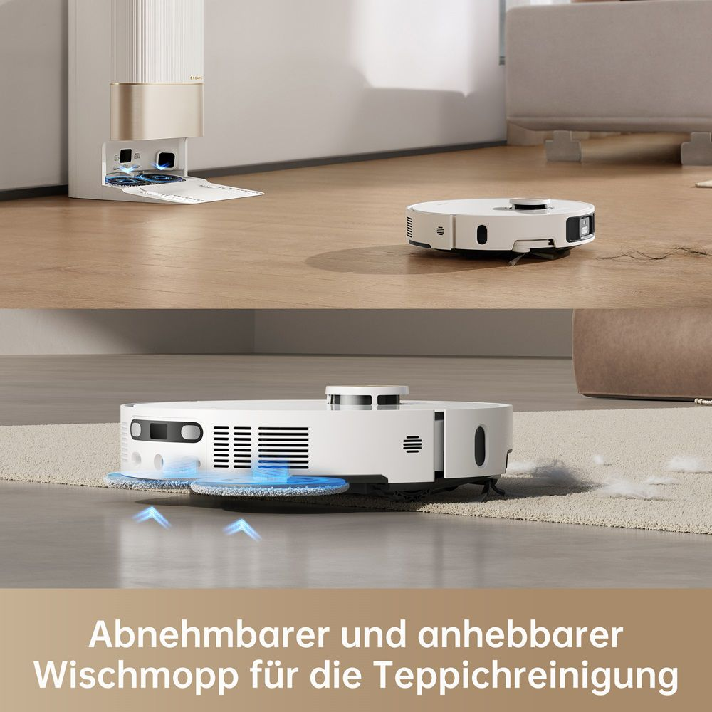 Un robot aspirapolvere pulisce un pavimento, con una stazione di pulizia sullo sfondo.
