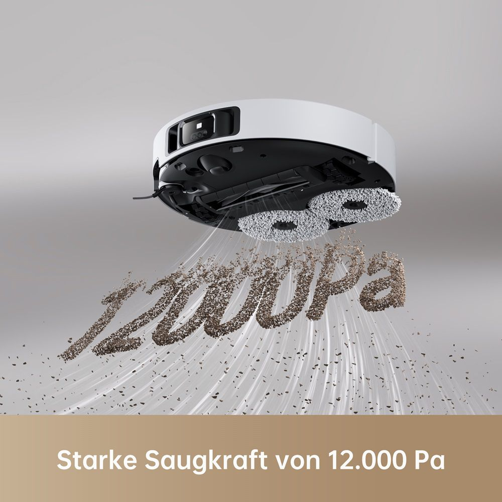 Robot aspirapolvere pulisce con aspirazione da 12000 Pa. Detriti vengono aspirati.