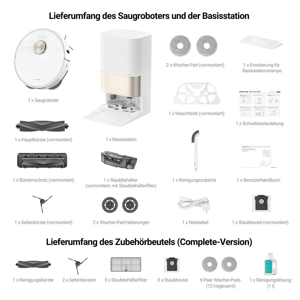 Diagramma che mostra le parti di un aspirapolvere robot e gli accessori.