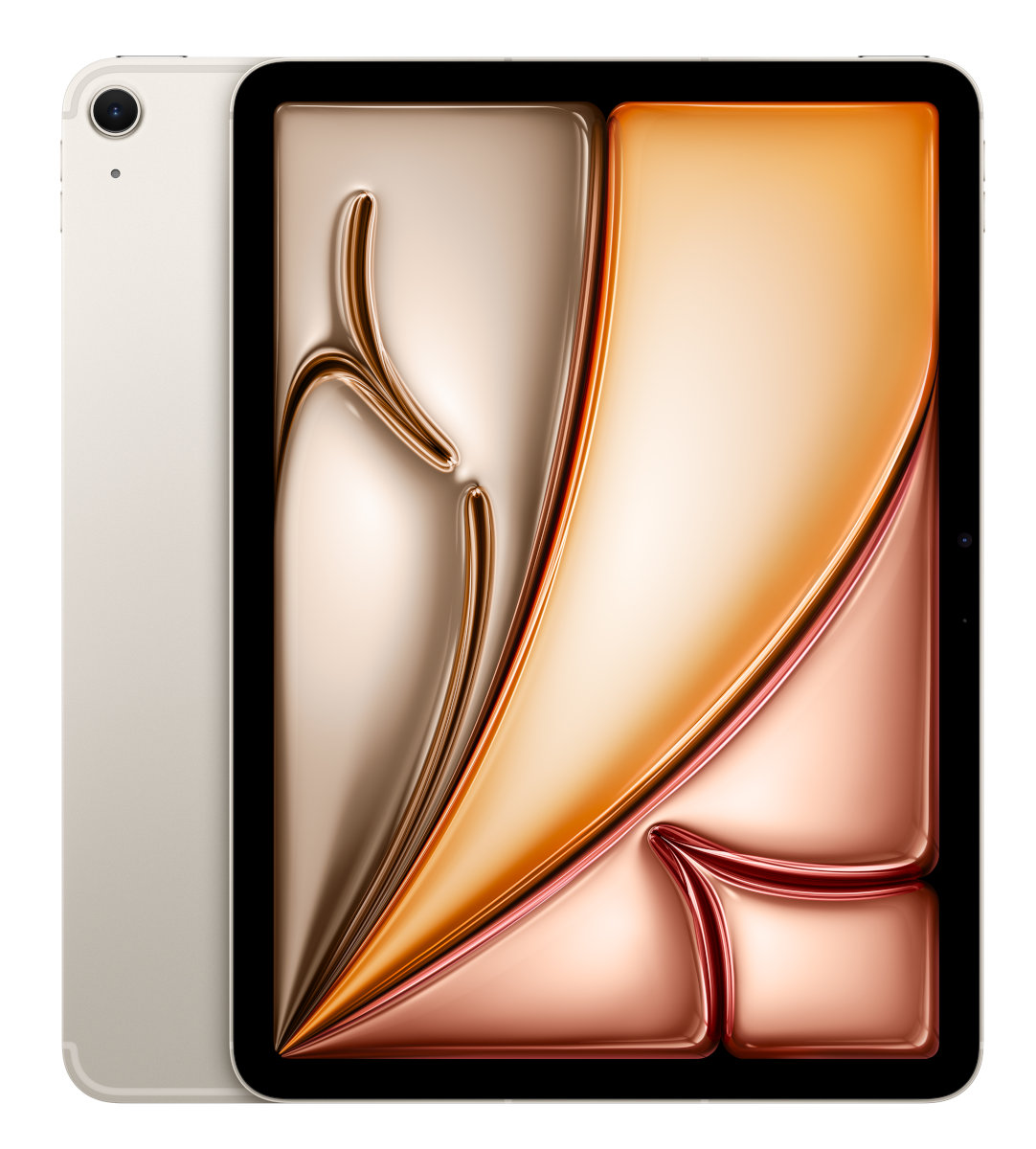 Złoty tablet z kolorowym abstrakcyjnym wzorem na ekranie.