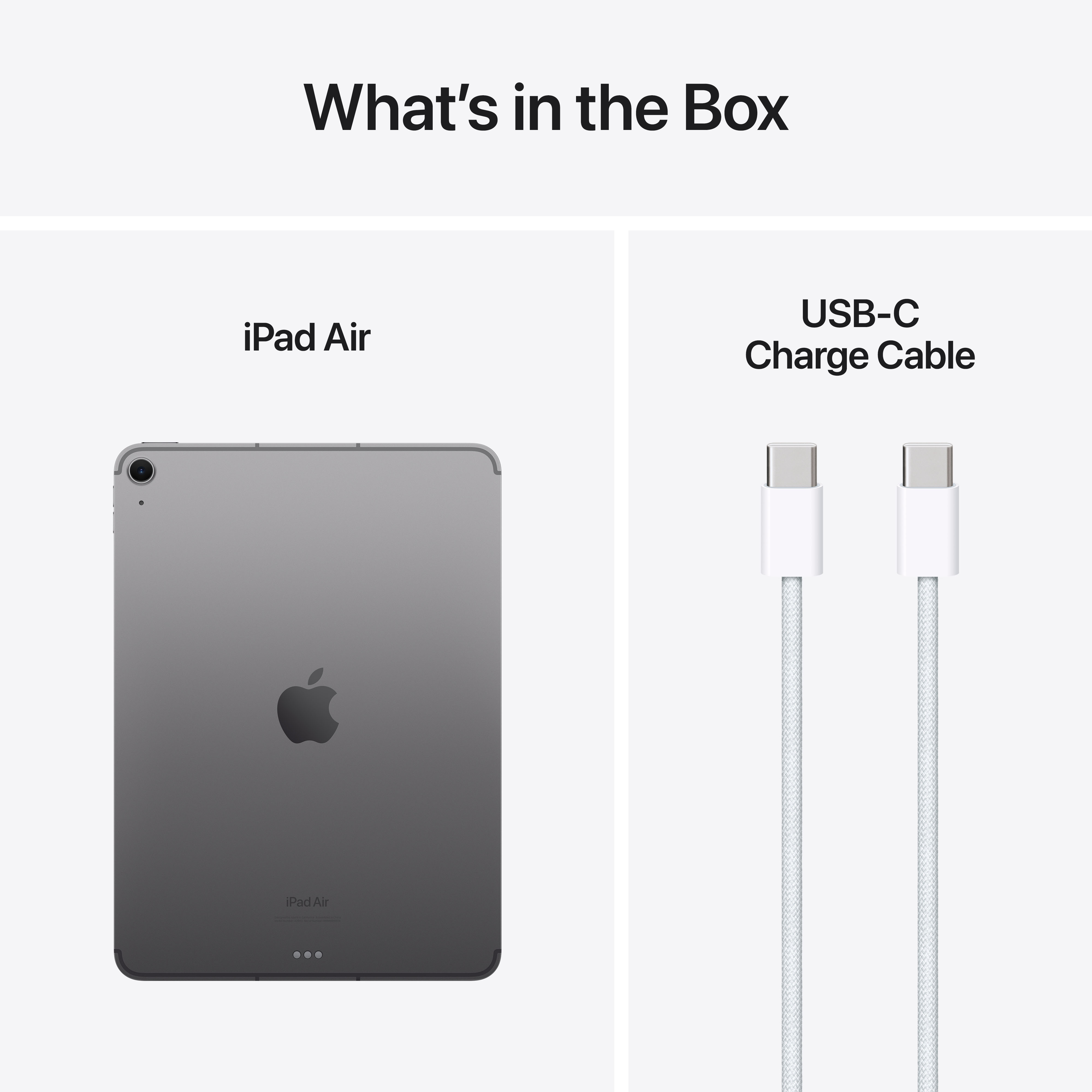 Ein iPad Air und ein USB-C-Kabel werden vor weißem Hintergrund angezeigt.