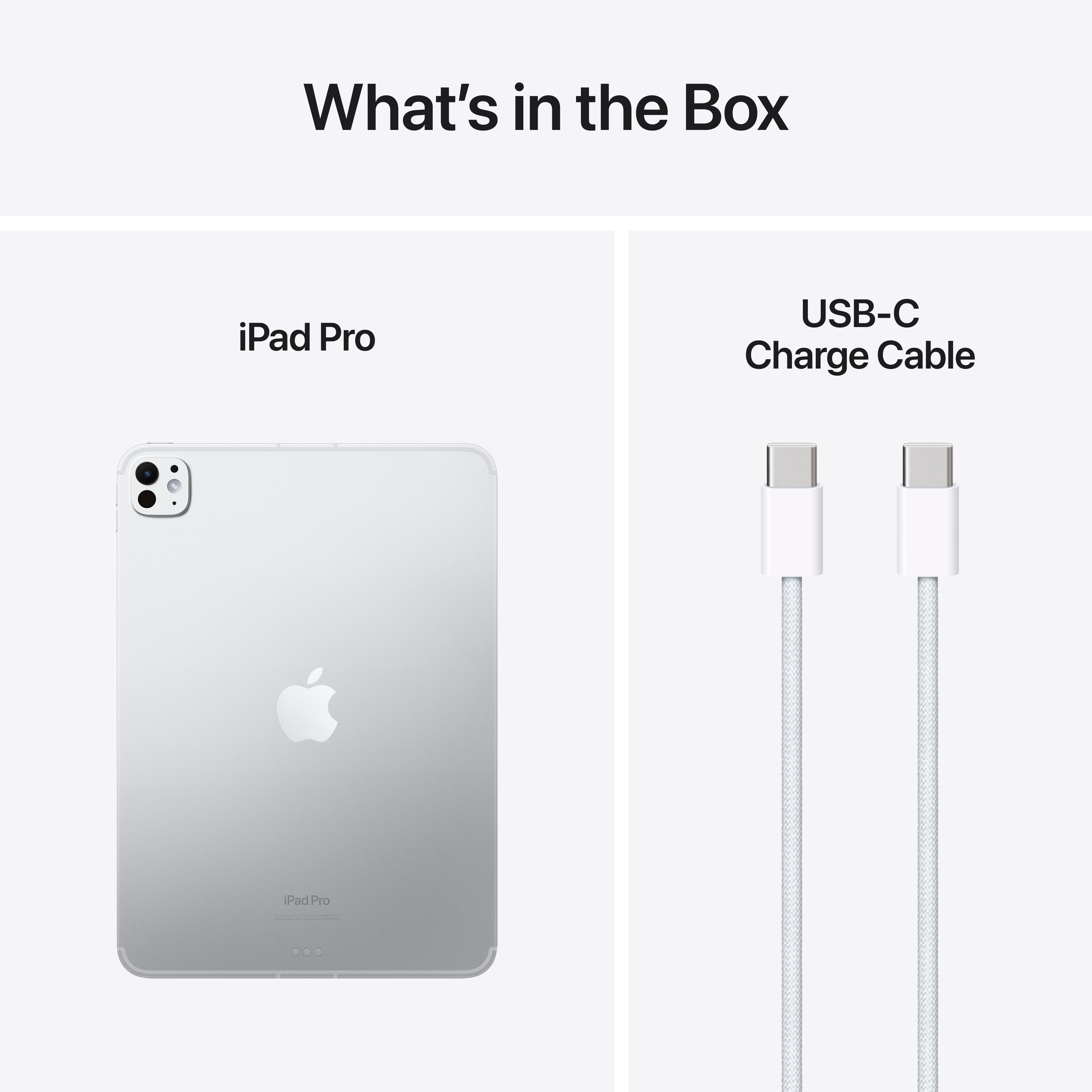 iPad Pro und ein USB-C-Kabel. Das iPad ist silber, das Kabel weiß, alles auf weißem Hintergrund.