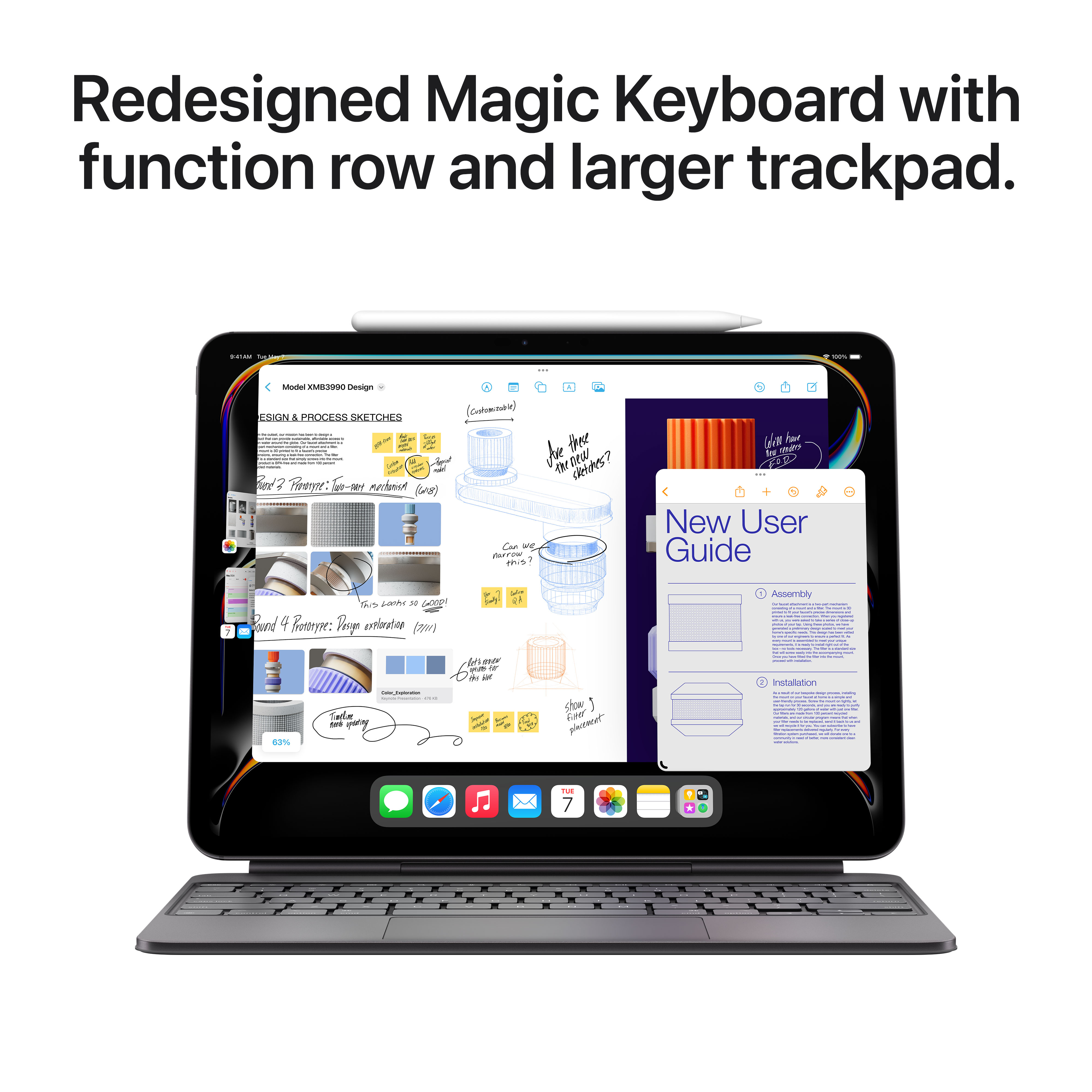 Tablet con tastiera collegata. Testo: Magic Keyboard riprogettata con barra funzioni e trackpad più grande.