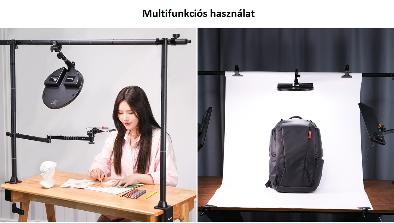 Nő stúdióban rajzol. Kellékek és hátizsák jobbra.