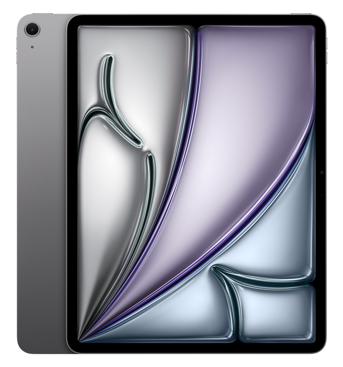Tablet z szarym tyłem i srebrno-fioletowym wzorem na białym tle.