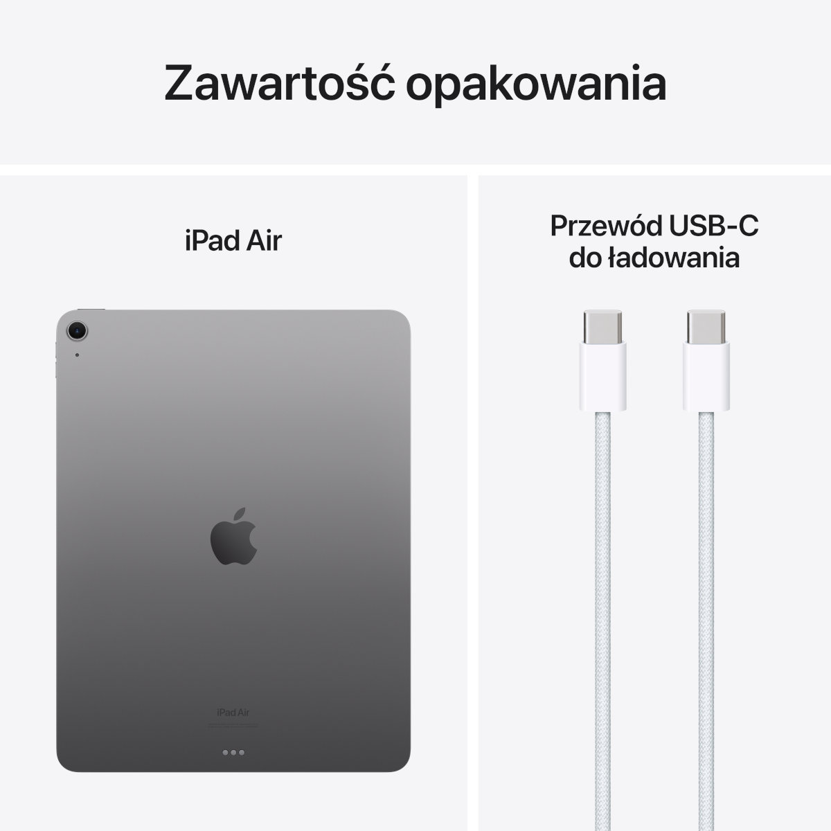 iPad Air i kabel ładujący USB-C na białym tle.