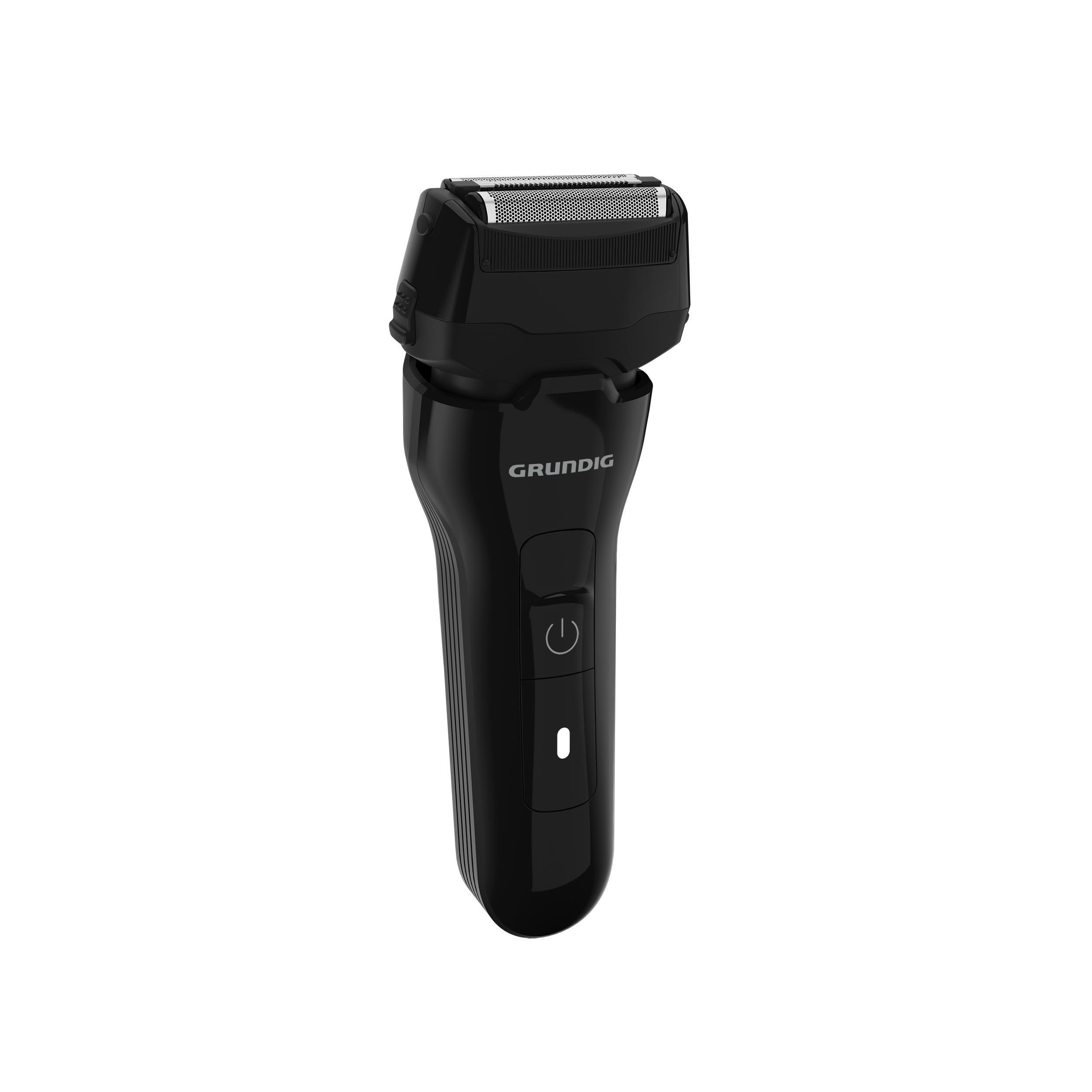 Ein schwarzer elektrischer Rasierer von Grundig wird vor weißem Hintergrund gezeigt.
