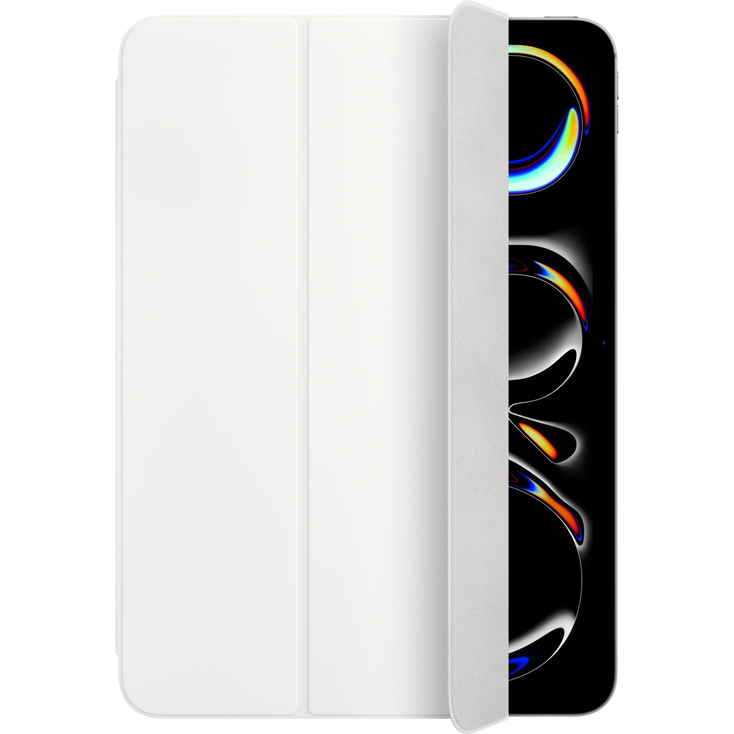 White iPad case, open to show a colorful graphic. Black background.