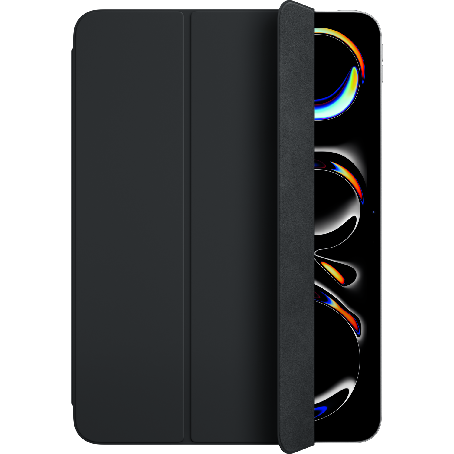 Black iPad case opened, revealing the iPad, on a black background.