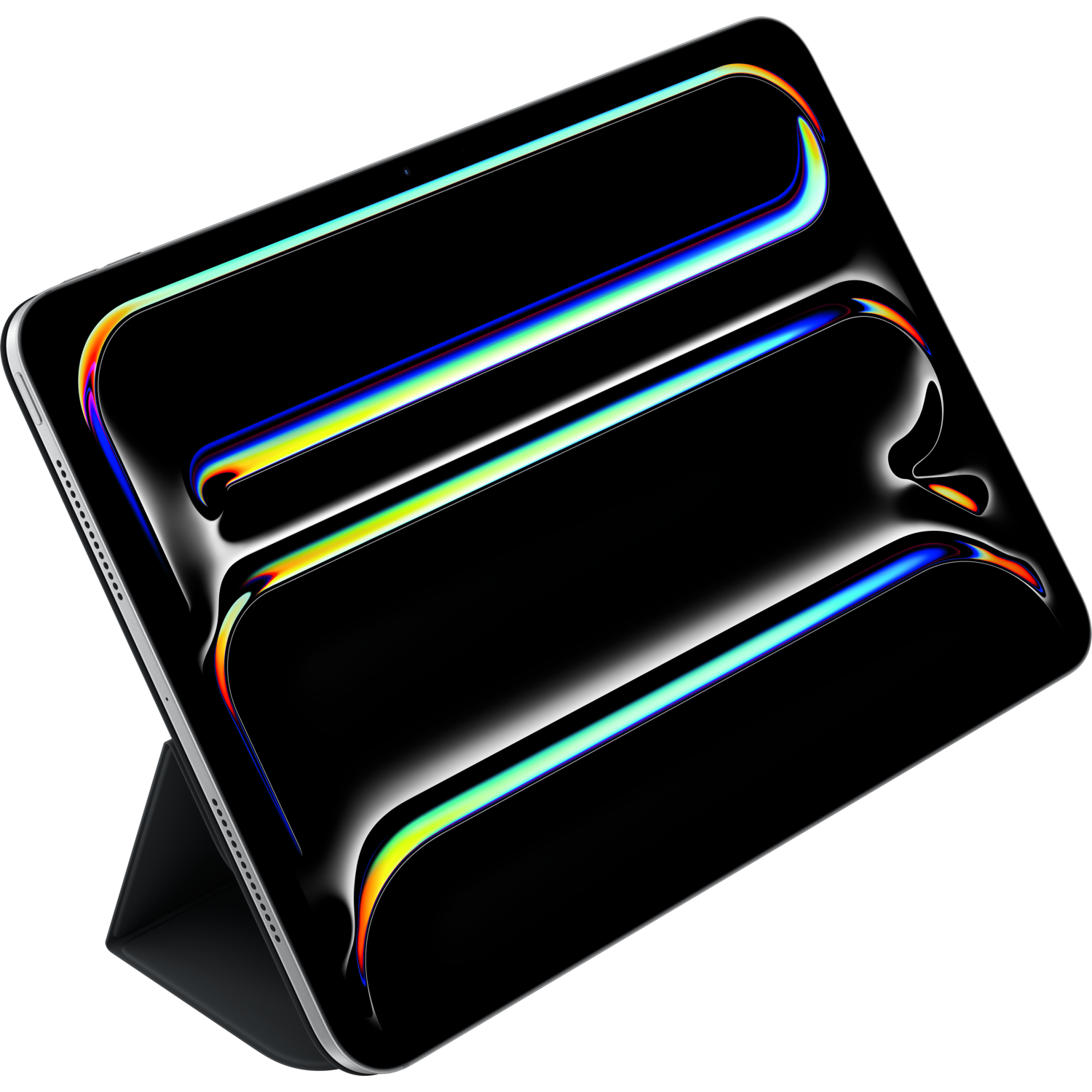 Angled view of a black tablet with a reflective screen, set against a black background.