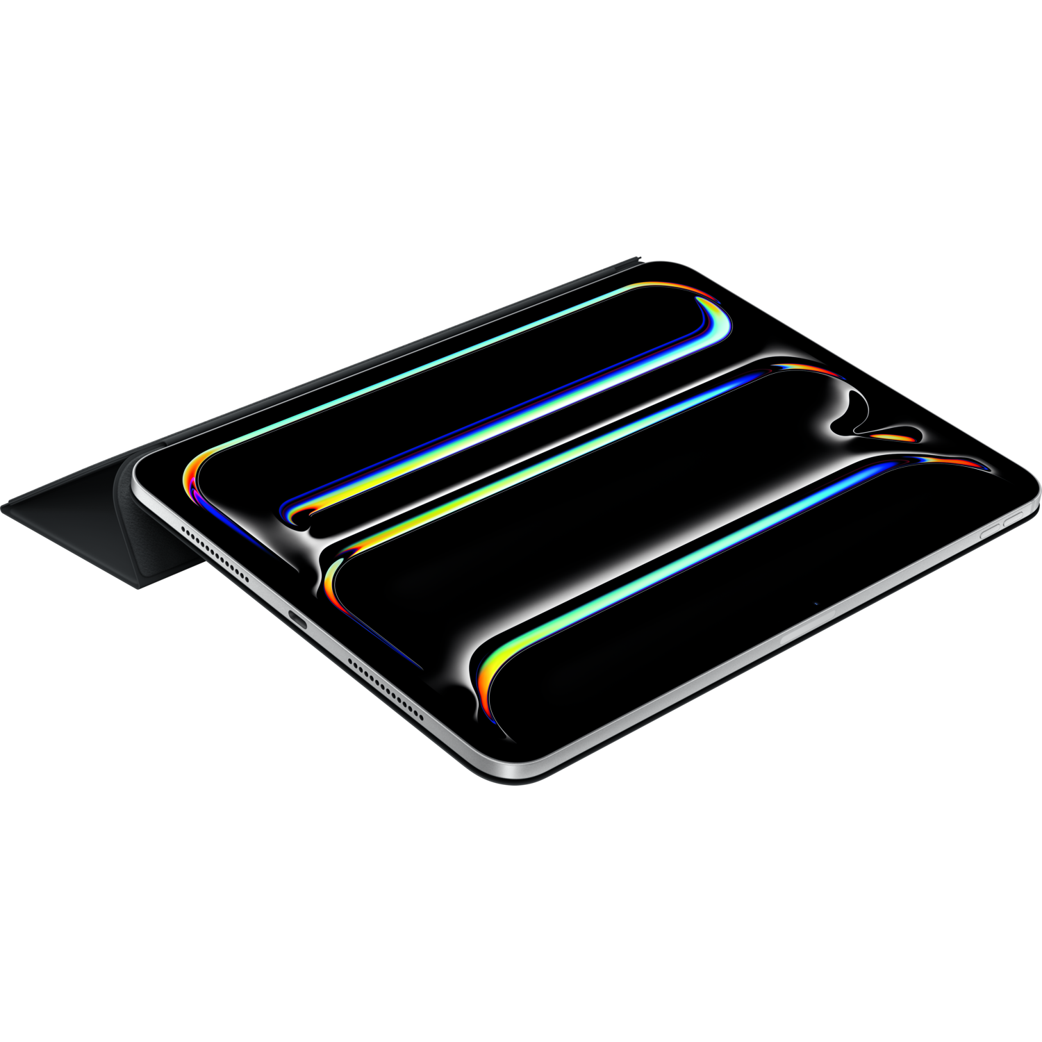 iPad with a black cover showing a colorful display, on a black surface.