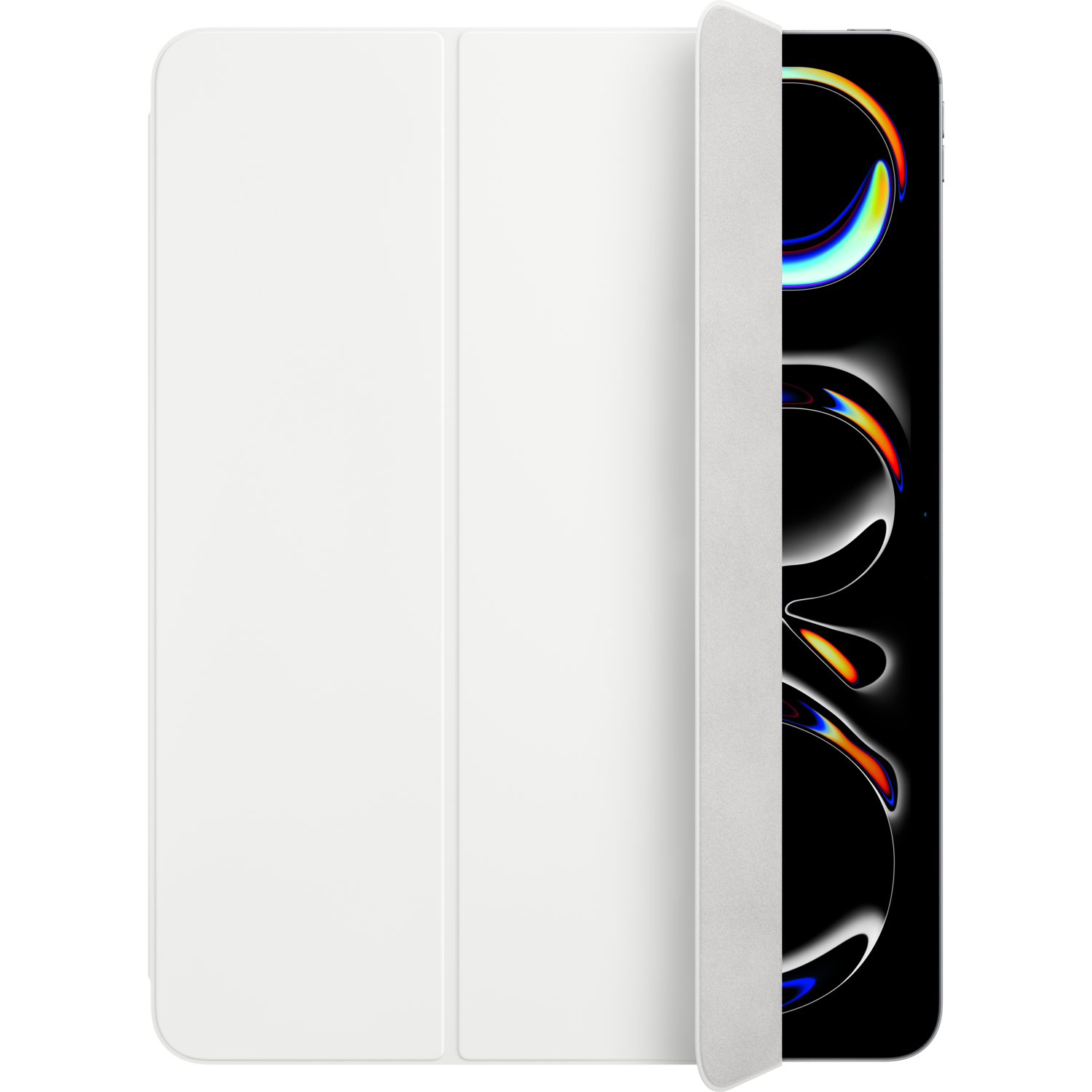 White cover partially open, showing an iPad screen.