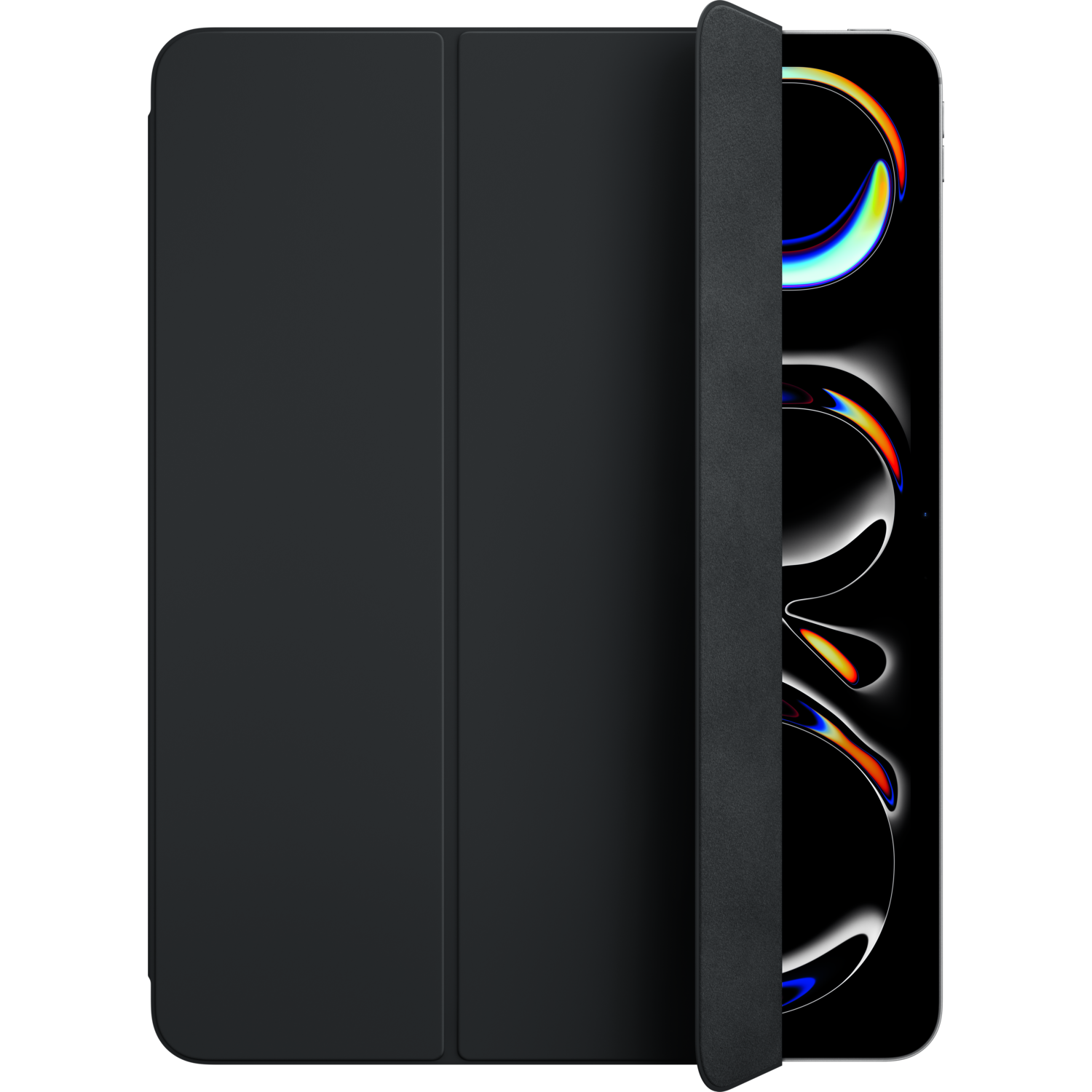 Black cover for an iPad. The cover is folded open, revealing the screen of an iPad.
